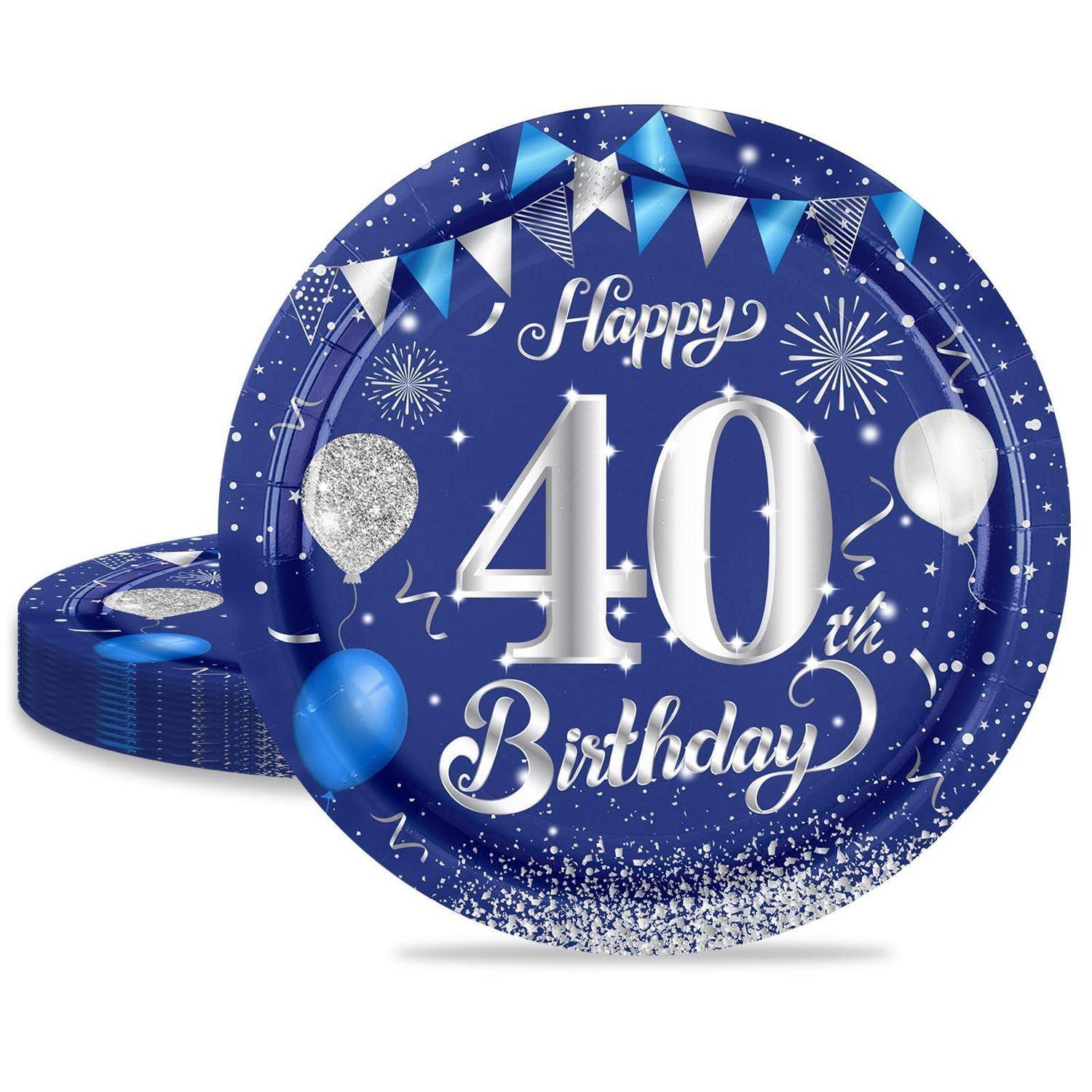 Pappteller 40. Geburtstag 16 Stück Blau Silber 23cm