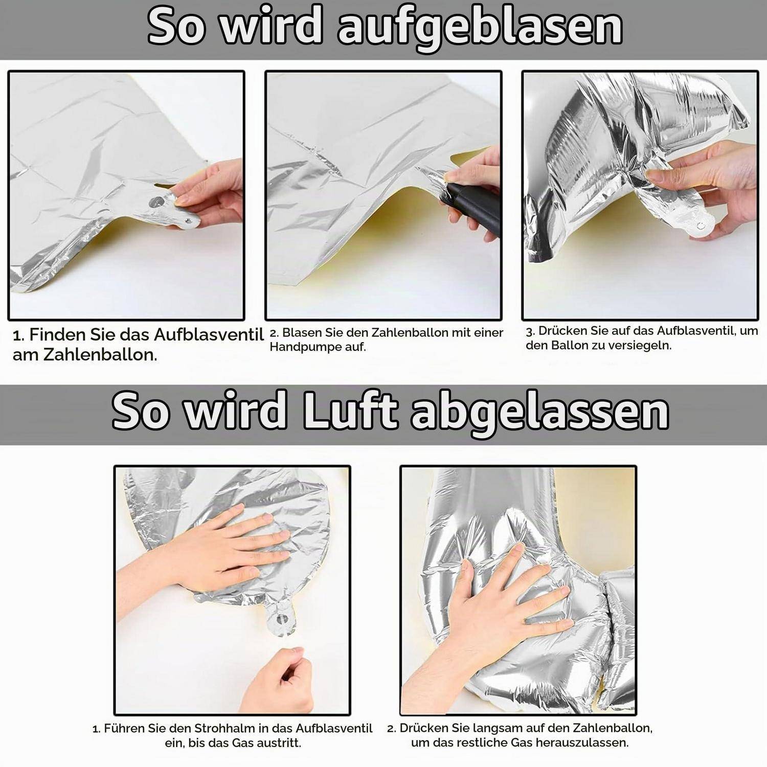 Anleitung-Infografik zum Aufblasen und Entleeren eines Folien-Zahlballons: Ventil finden, Handpumpe verwenden, abdichten; dann Strohhalm einführen und drücken, um Luft freizusetzen.