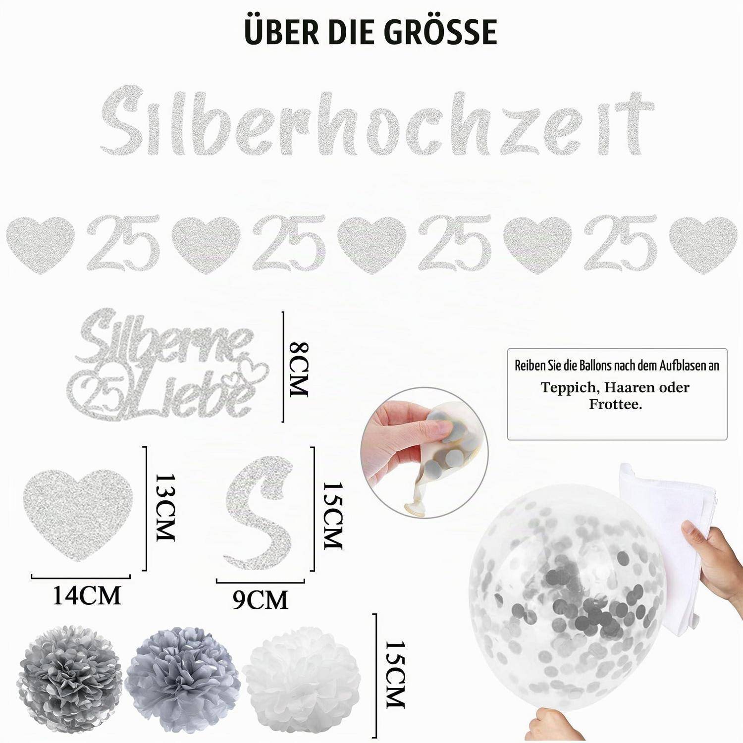 Silberhochzeits-Dekorations-Größenleitfaden mit Glitterausschnitten und Herzformen mit Abmessungen von 8 cm bis 15 cm, plus Anleitung zum Abreiben von Ballons nach dem Aufblasen.