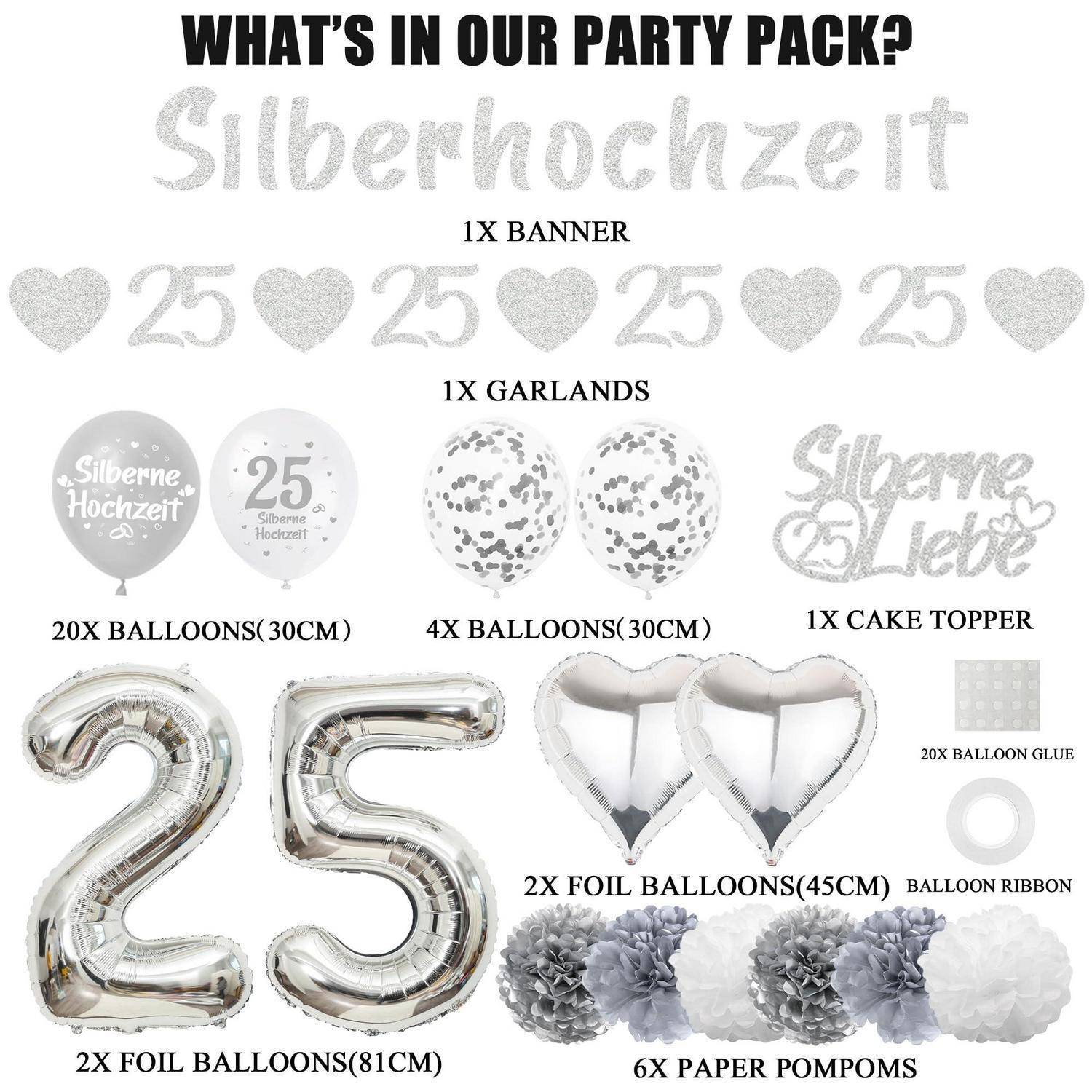 Paket zum Silberhochzeits-Partyset: „Silberhochzeit"-Banner und auf das 25. Jubiläum abgestimmte Luftballons, Girlanden, Tortenaufsatz, Folienballons, Papier-Pompoms, Kleber und Bänder.