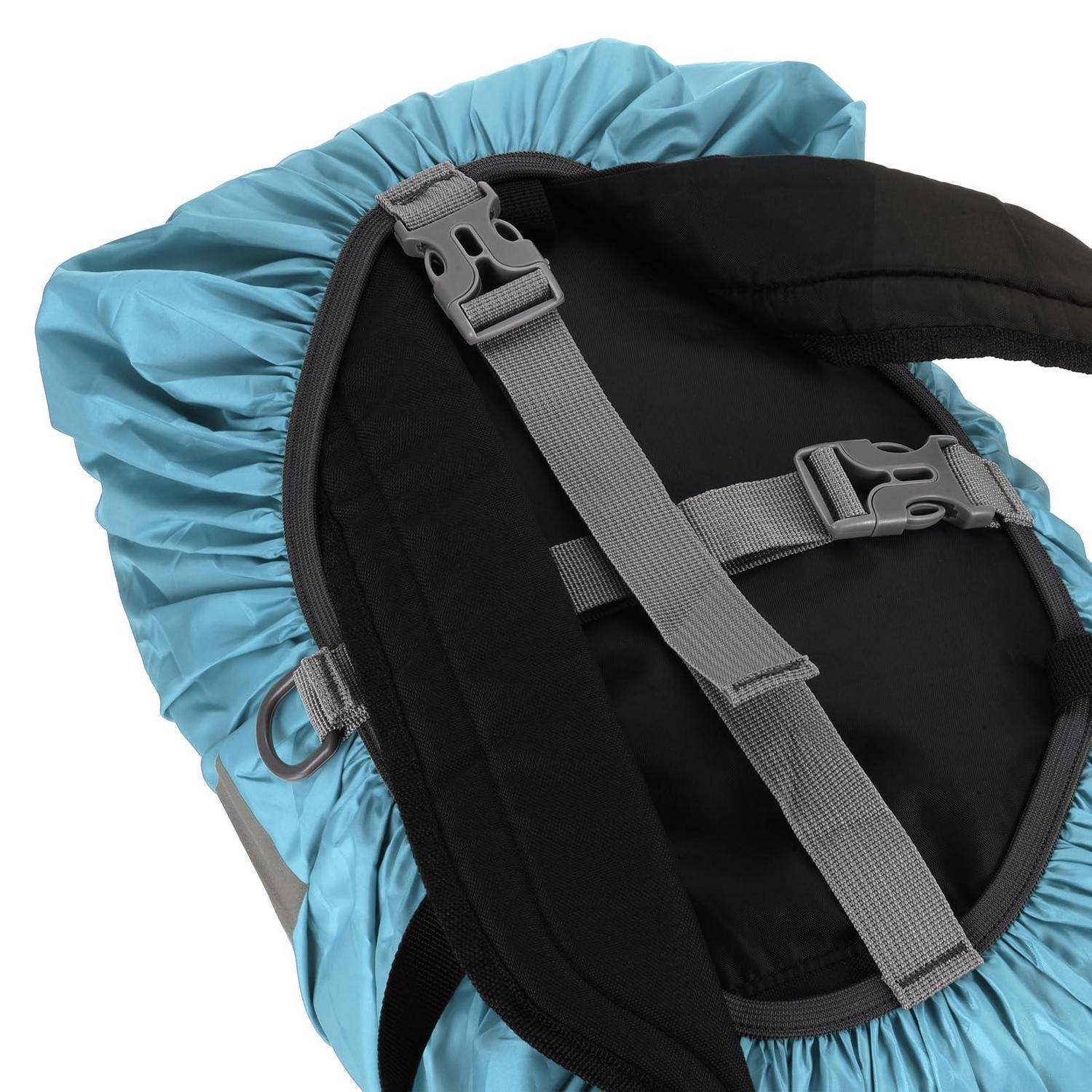 Nahaufnahme des gepolsterten Rückenpanels eines Rucksacks mit grauen Riemen und blauer Kordelzug-Abdeckung, die das Tragesystem und das Verschlusssystem der Tasche zeigt.