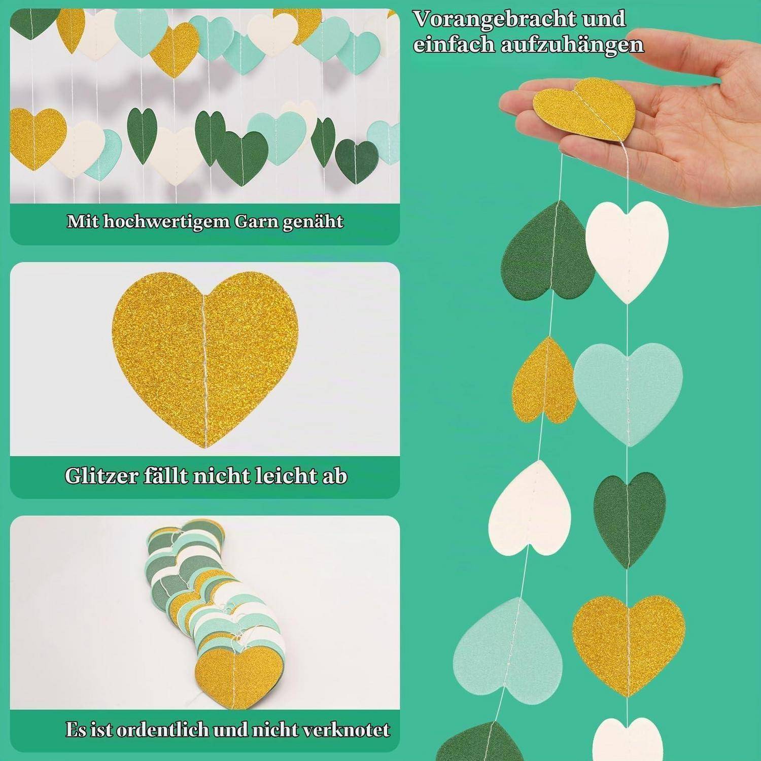 Werbeanzeige für herzförmige Hänggirlanden-Dekorationen in Gold, Mintgrün, Weiß und Dunkelgrün, gezeigt auf eine Schnur genäht, Glitter blättert nicht ab, und vorgefädelt zum einfachen Aufhängen.