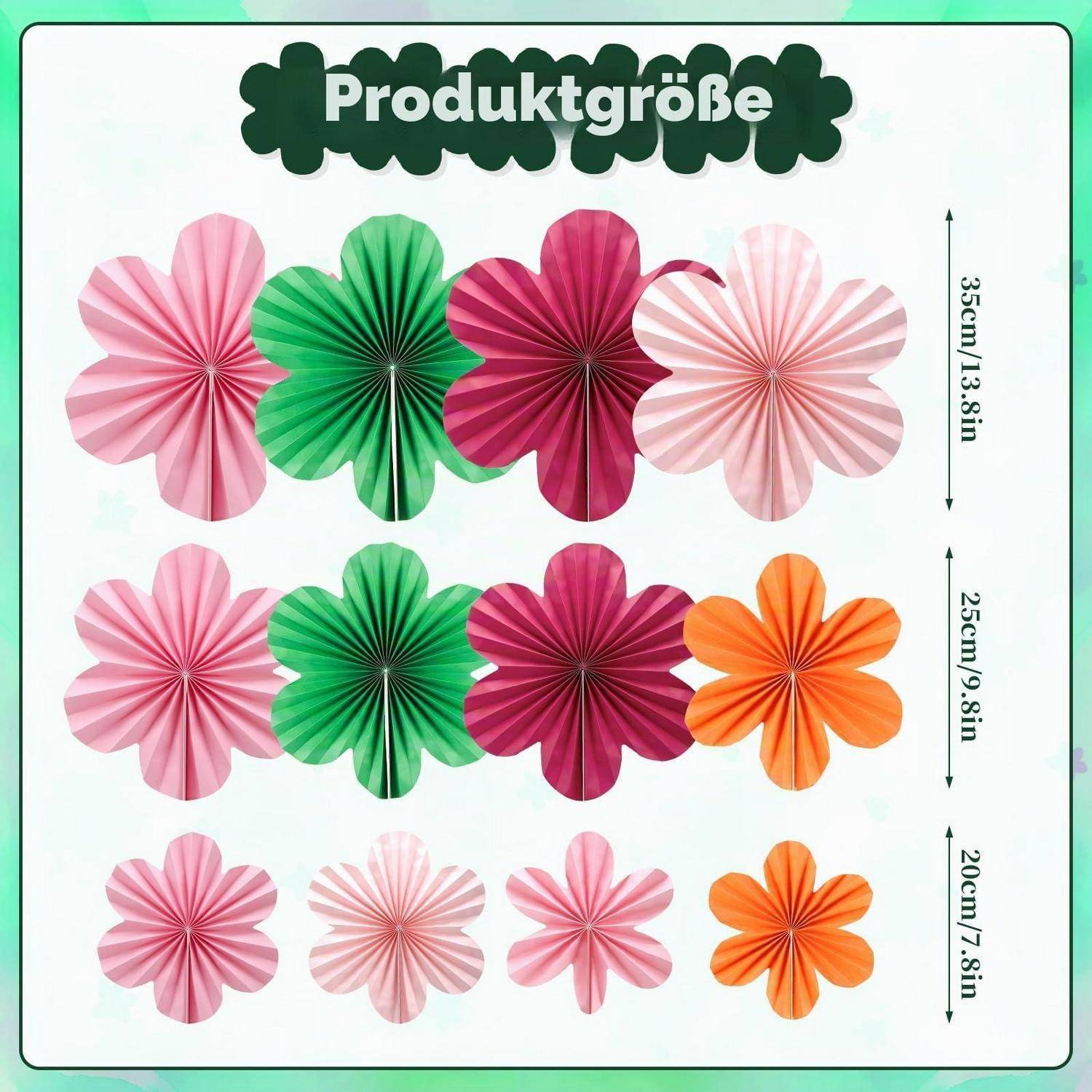 Produktgrößentabelle mit Papierblumendekorationen in drei Reihen mit Maßen: 35 cm/13,8 Zoll, 25 cm/9,8 Zoll und 20 cm/7,8 Zoll.