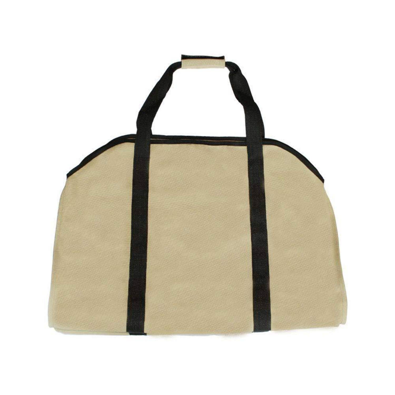 Beigefarbene Reisetasche mit schwarzen Griffen und Riemen auf weißem Hintergrund.