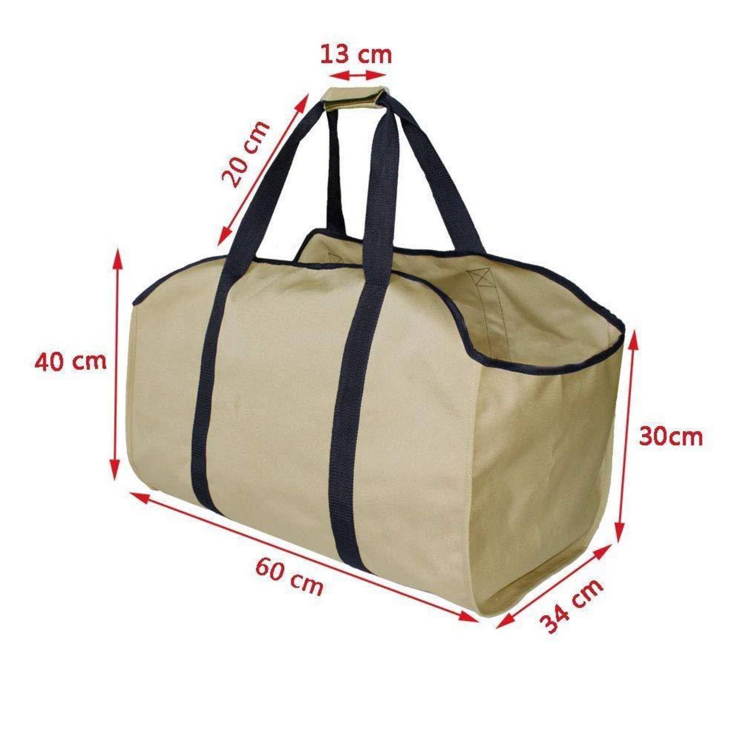 Beige Reisetasche mit schwarzen Riemen, gezeigt mit beschrifteten Abmessungen von 60 cm Länge, 40 cm Höhe, 34 cm Tiefe, 30 cm Seitenhöhe, 20 cm Riemen und 13 cm Griffbreite.