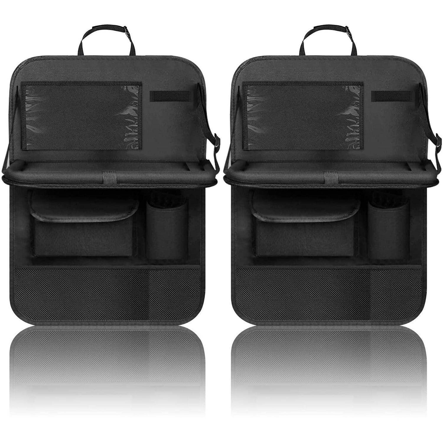 Zwei schwarze Autositz-Organizer-Taschen mit Schultergurten, offenen Fächern, Netztaschen und einer transparenten Vordertasche, nebeneinander dargestellt.