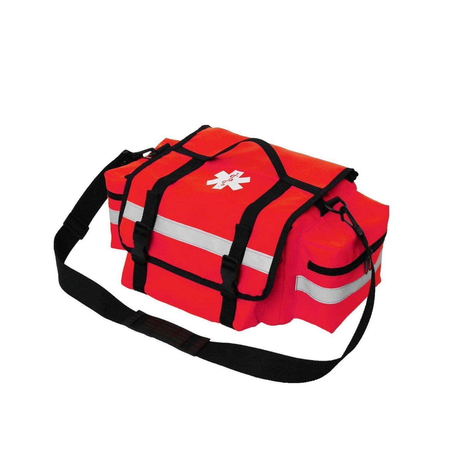Rote Notfalltasche für medizinische Versorgung mit schwarzen Riemen und reflektierendem Streifen, auf weißem Hintergrund dargestellt.