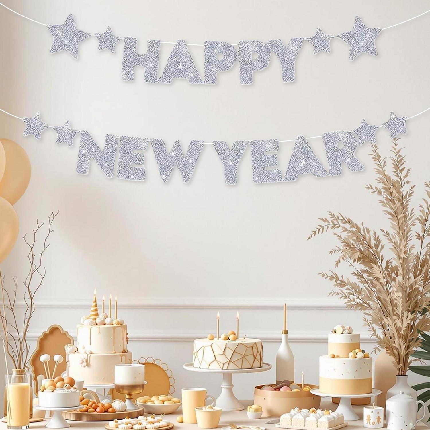 Neujahrsfeier-Desserttisch mit Kuchen, Gebäck, Kerzen und silbernen „HAPPY NEW YEAR"-Bannern vor einem hellen, dekorierten Hintergrund.