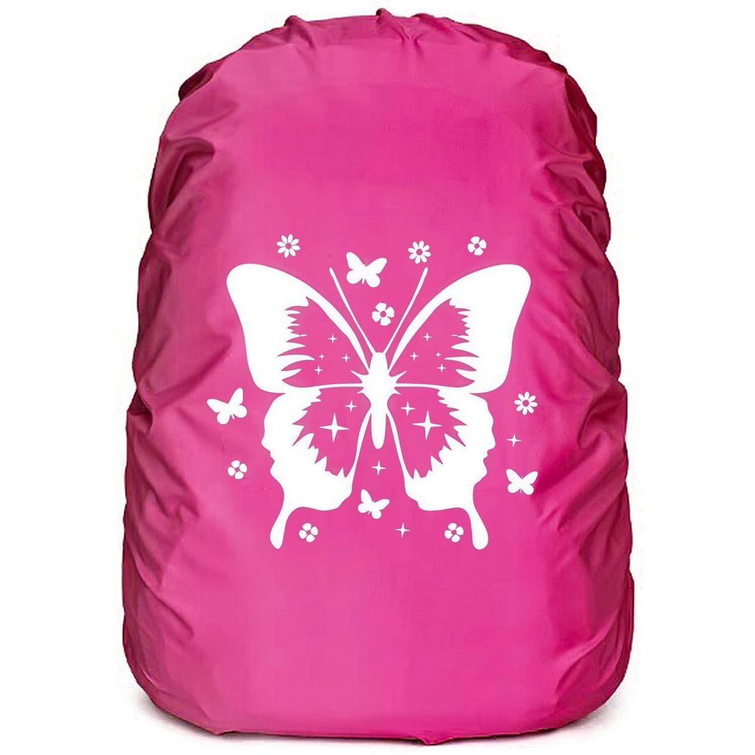 Rosa Rucksack oder Regenschutz mit weißem Schmetterling und kleinen Blumen- und Schmetterlingsmotiven zentriert auf der Vorderseite.
