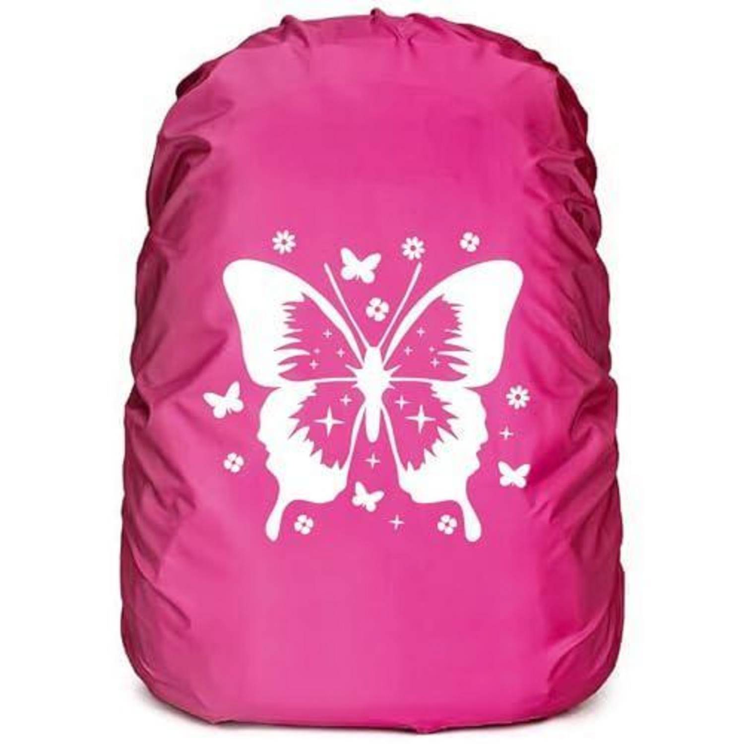 Rosa Rucksack Regenschutz mit weißem Schmetterlings- und Blumenmotiv auf der Vorderseite.