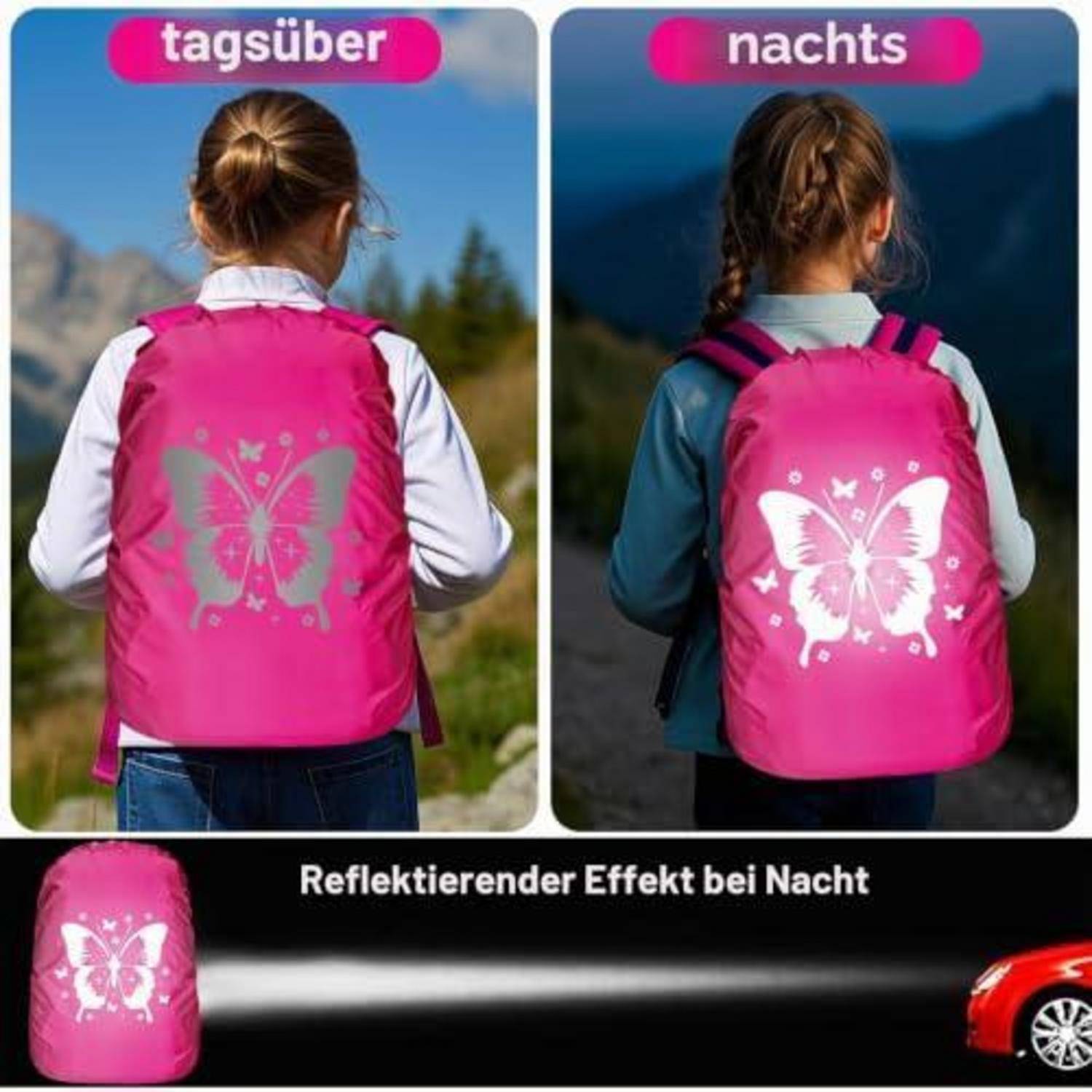 Gespaltenes Bild, das einen rosa Rucksack mit Schmetterlingsdesign bei Tageslicht und nachts zeigt; der Schmetterling reflektiert hell unter dunklen Bedingungen und hebt eine reflektierende Sicherheitswirkung hervor.