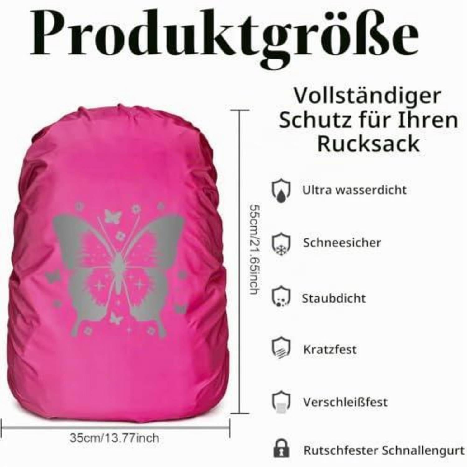 Rosa Rucksack-Regenschutz mit den Abmessungen 55 cm hoch und 35 cm breit; deutscher Text listet vollständigen Rucksackschutz auf: wasserdicht, schneefest, staubdicht, kratzfest, verschleißfest und rutschfester Schnallengurt.