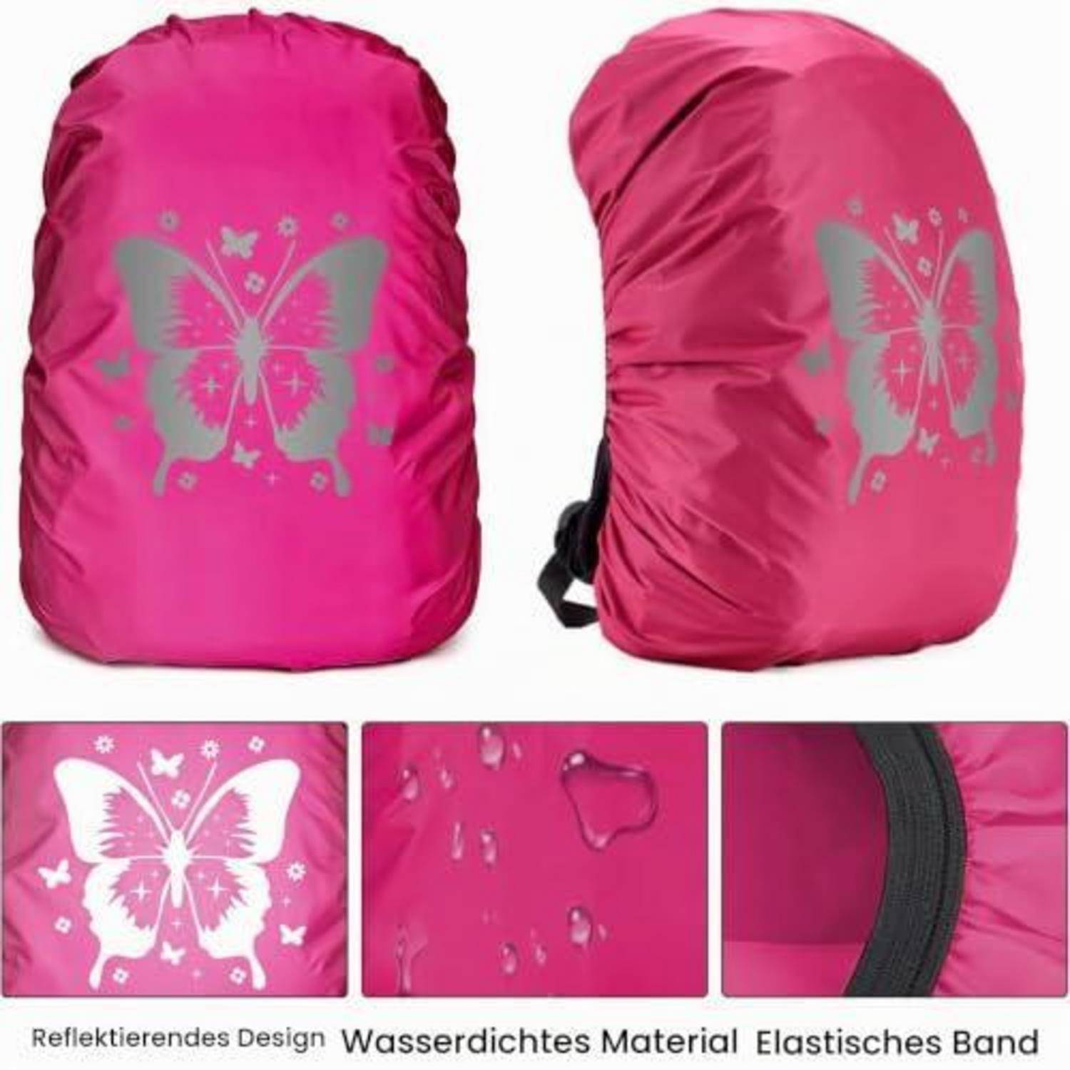 Rosa Rucksackschutzhülle mit Schmetterlingsdesign, gezeigt in Vorder- und Seitenansicht; gekennzeichnet in Deutsch als reflektierendes Design, wasserdichtes Material und elastisches Band.