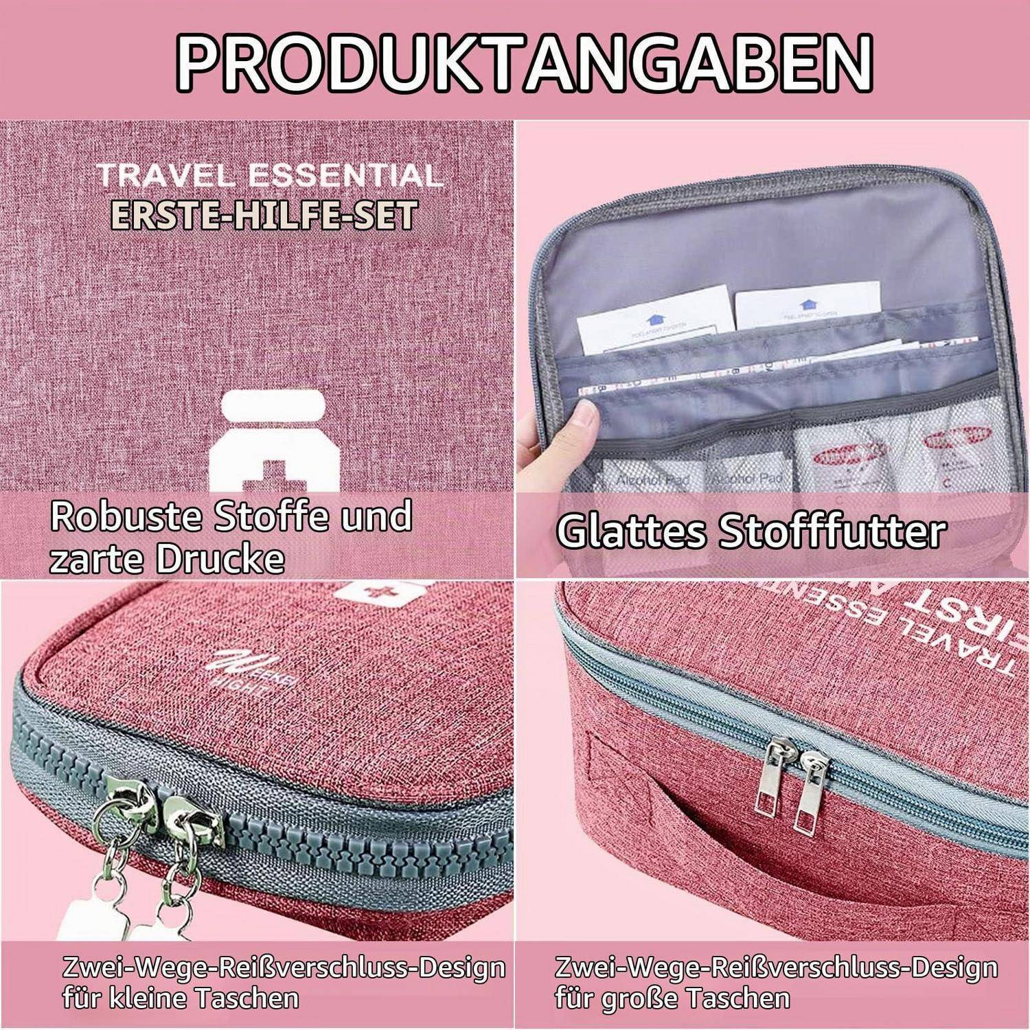 Collage eines rosa Reise-Erste-Hilfe-Sets mit Hervorhebung von Produktmerkmalen: strapazierfähiges Gewebe und Druck, glatte Fütterung und Zweiweg-Reißverschlussdesign.