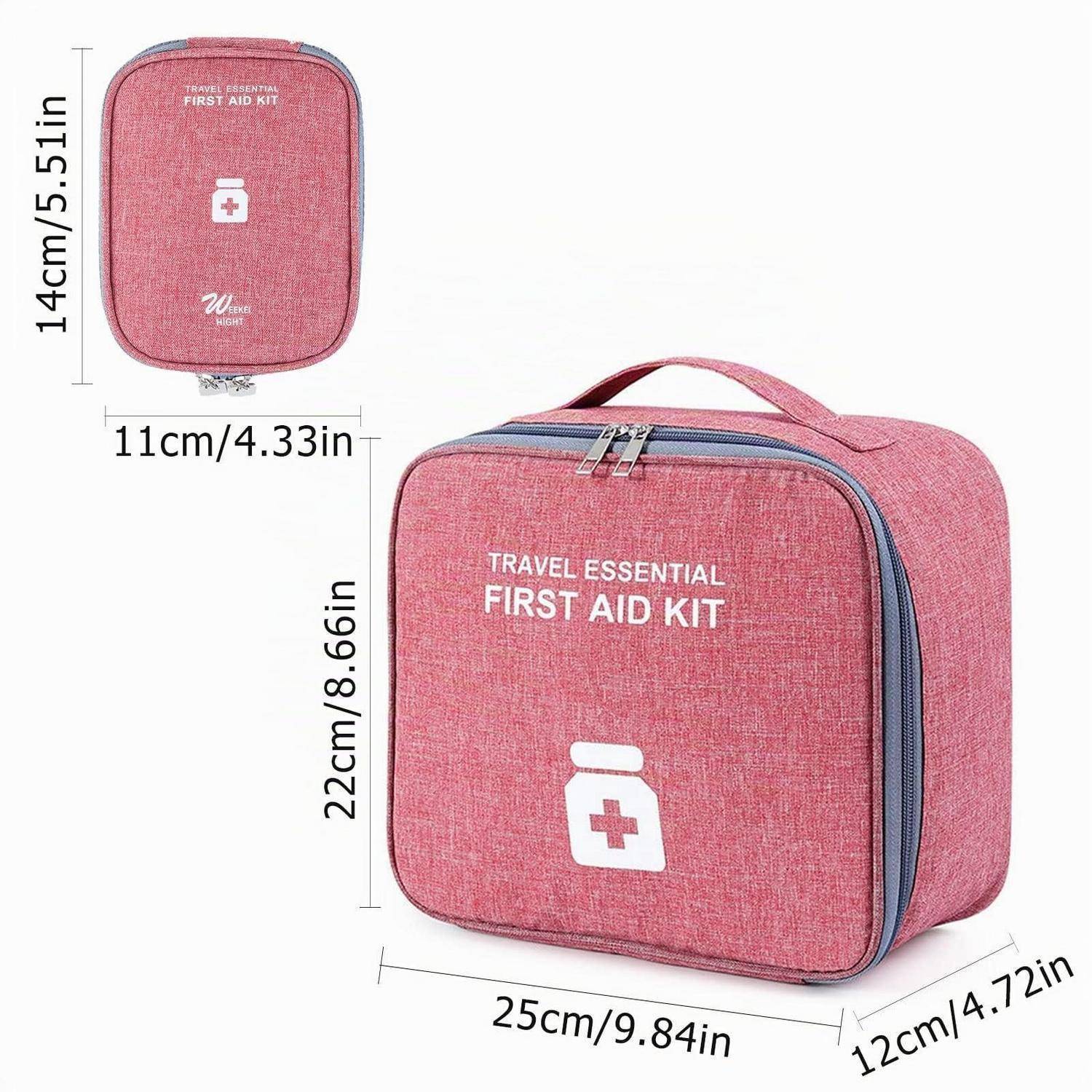 Rosa Reise-Erste-Hilfe-Tasche mit Maßen: 25 cm x 22 cm x 12 cm, sowie eine kleinere Vorderansicht mit den Maßen 14 cm x 11 cm.