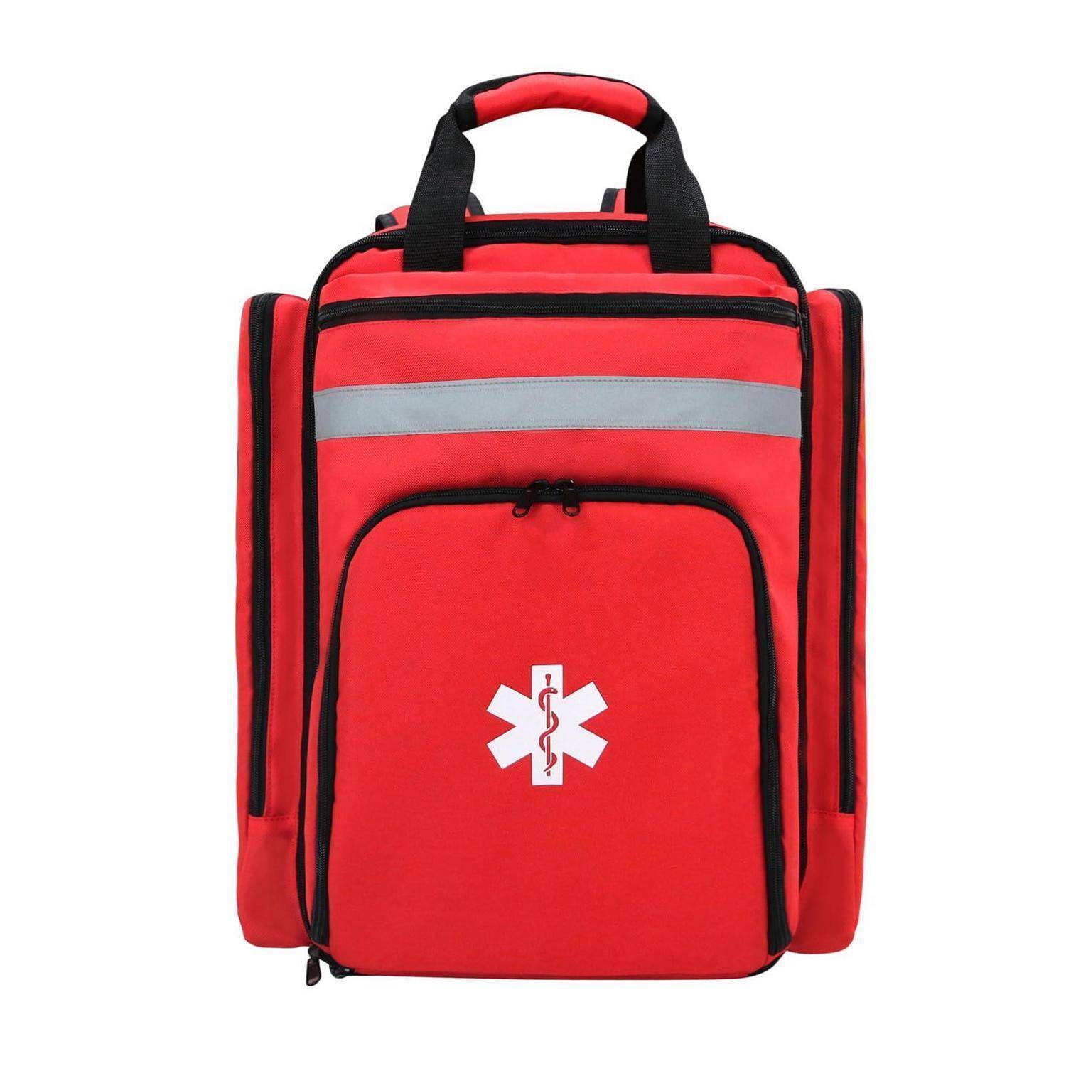 Roter Notfall-Rettungsrucksack mit Reflektorstreifen und weißem Rettungsstern-Symbol auf der Vorderseite.
