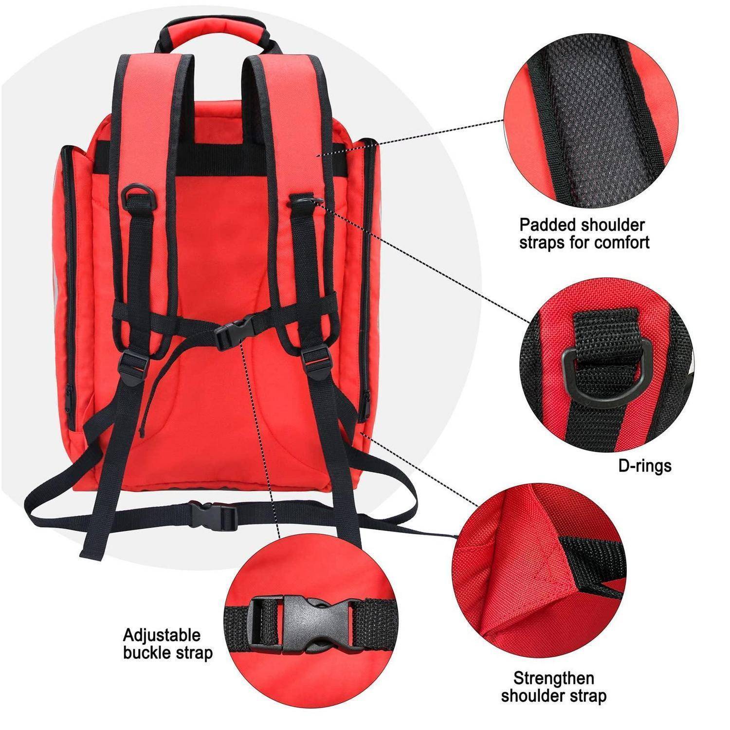 Roter Rucksack von hinten gezeigt mit gepolsterten Schultergurten, D-Ringen, verstellbarem Schnallengurt und verstärktem Schultergurt in detaillierten Nahaufnahmen.