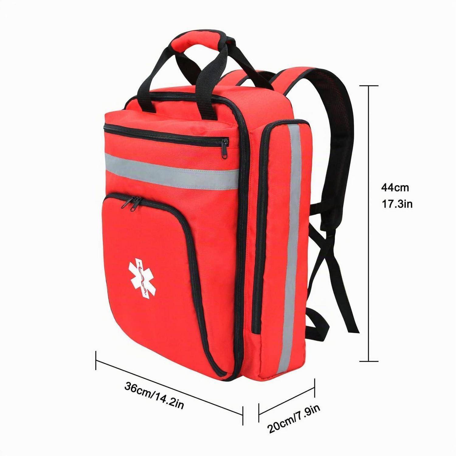 Roter Notfall-Rucksack oder Traumatologie-Tasche mit vorderer Reißverschlusstasche und reflektierendem Streifen, gezeigt mit Abmessungen von 44 cm Höhe, 36 cm Breite und 20 cm Tiefe.