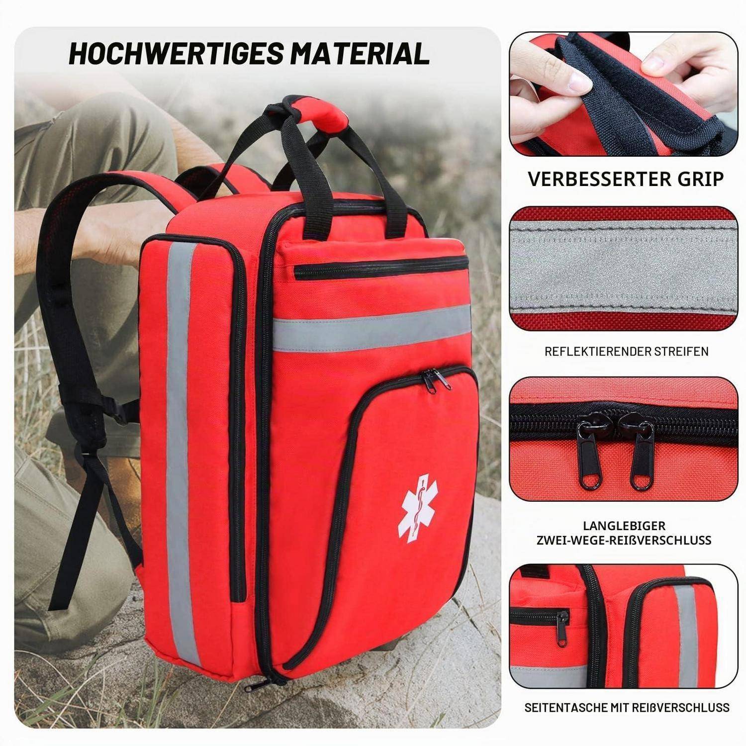 Roter Notfall-Rucksack mit reflektierenden Streifen und mehreren Reißverschlusstaschen, gezeigt mit Nahaufnahmen des verbesserten Griffs, des reflektierenden Streifens und der Reißverschlussdetails.