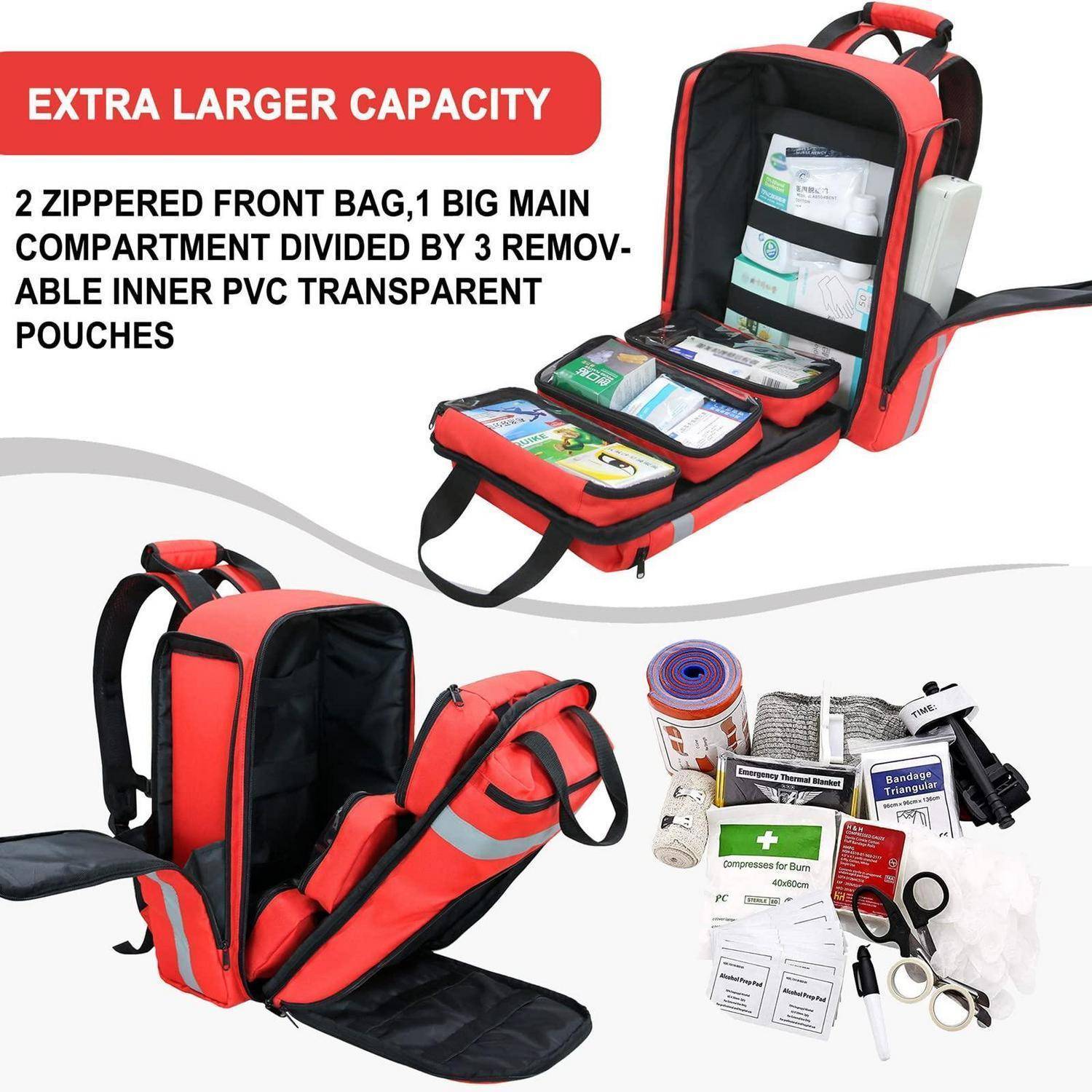 Roter Notfall-Rucksack/Erste-Hilfe-Tasche, aufgeklappt mit mehreren Fächern und transparenten Beuteln, beschriftet mit „extra große Kapazität", plus enthaltene medizinische Versorgungsmaterialien und Werkzeuge.