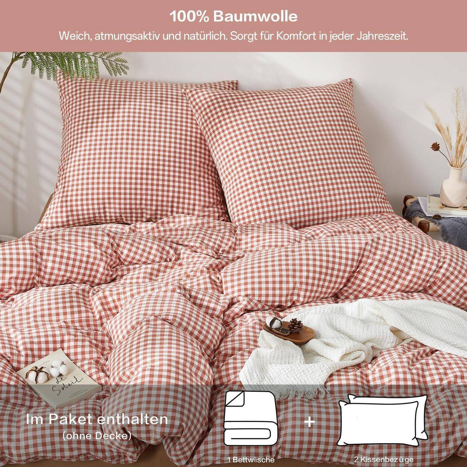 Rot-weiß kariertes Bettwäscheset mit der Bezeichnung „100% Baumwolle"; enthält 1 Bettdeckenbezug und 2 Kissenbezüge, ohne die Decke.