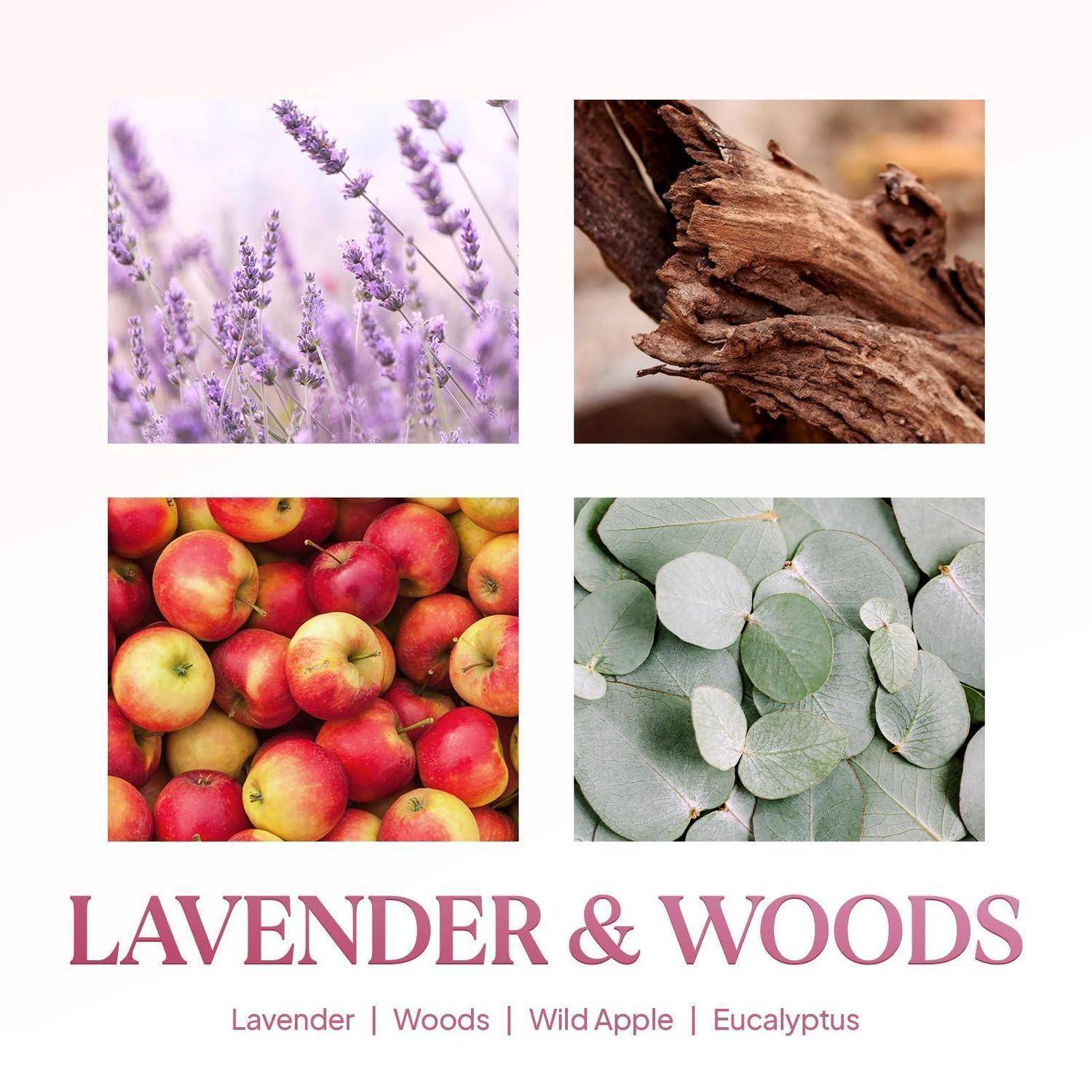 Grafik mit vier Fotos zeigt Lavendel, Baumrinde, Wildäpfel und Eukalyptus mit dem Titel „Lavendel & Wälder" und dem Untertitel „Lavendel | Wälder | Wildapfel | Eukalyptus"".