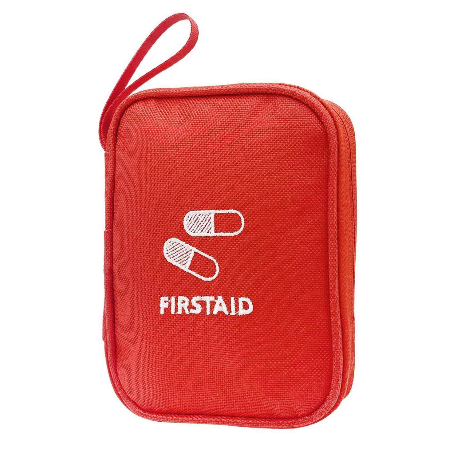Rote Erste-Hilfe-Tasche mit Reißverschluss und Handgelenkschlaufe, beschriftet mit „FIRSTAID