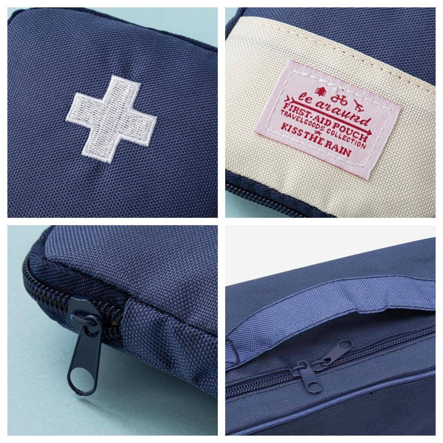 Vier Nahaufnahmen einer marineblau gefärbten Tasche mit Reißverschluss, die einen weißen Kreuzflicken, ein rotes „be around"-Etikett und Reißverschlussdetails zeigen.