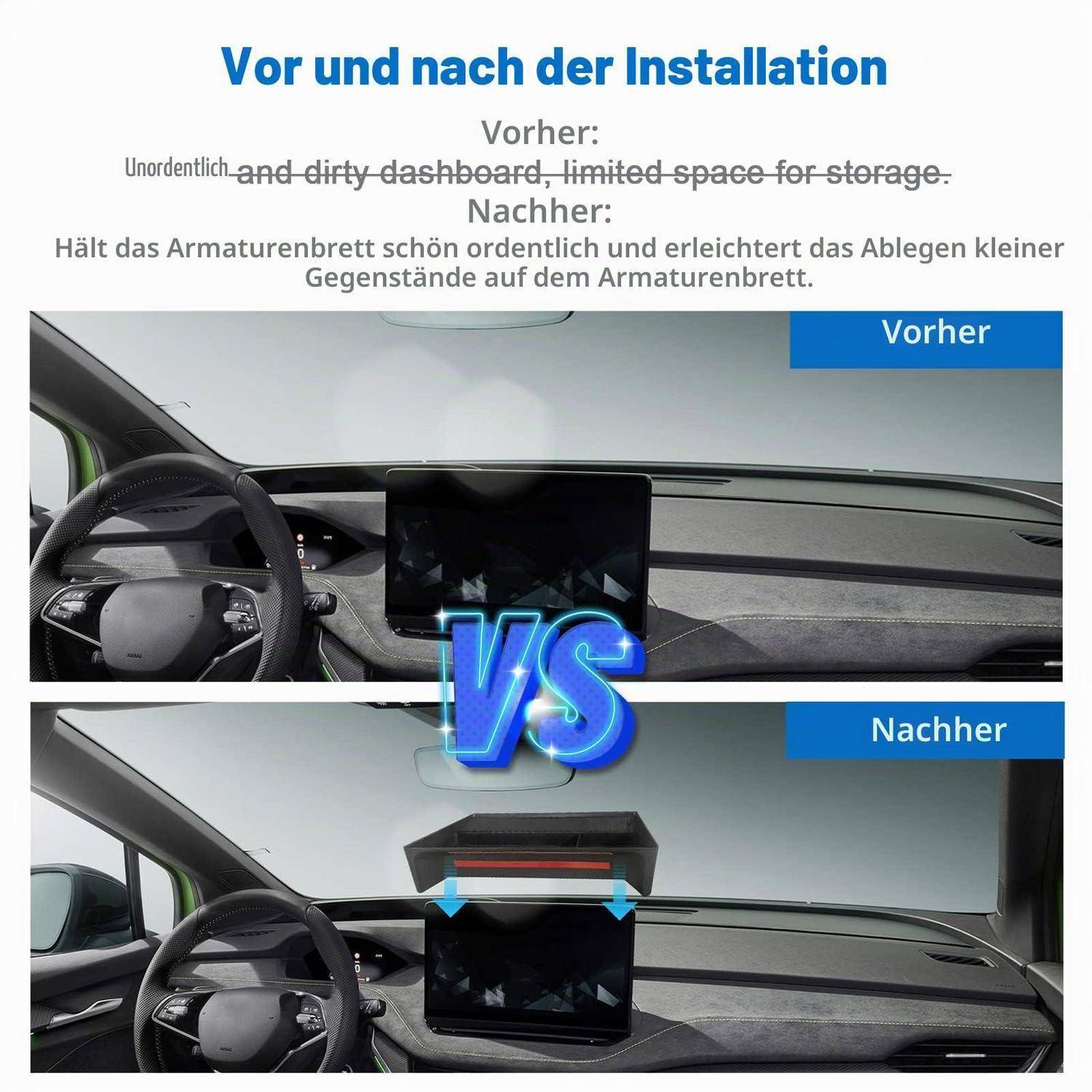 Vorher-und-Nachher-Autoinnenraum-Stauraum: Das zusätzliche Regal über dem mittleren Display schafft organisierten Platz für kleine Gegenstände.