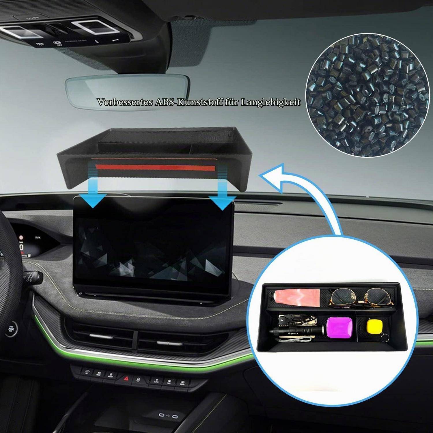 Autodashboard-Bildschirm mit schwarzem ABS-Lagerfach-Einsatz, der über diesem passt; eingefügte Bilder zeigen das Fach und kleine gelagerte Gegenstände mit deutschem Text über langlebares ABS-Kunststoff.