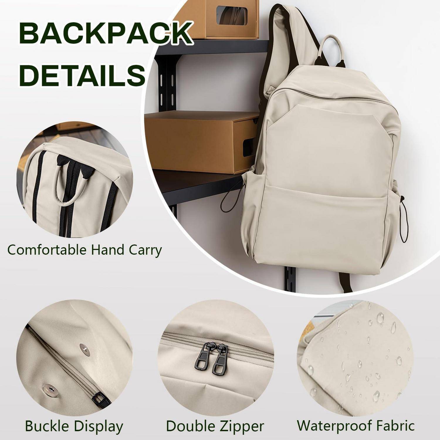 Rucksack-Details-Infografik mit einem cremefarbenen Rucksack mit komfortablem Handgriff, Schnallenverschluss, Doppelreißverschluss und wasserdichtem Material.