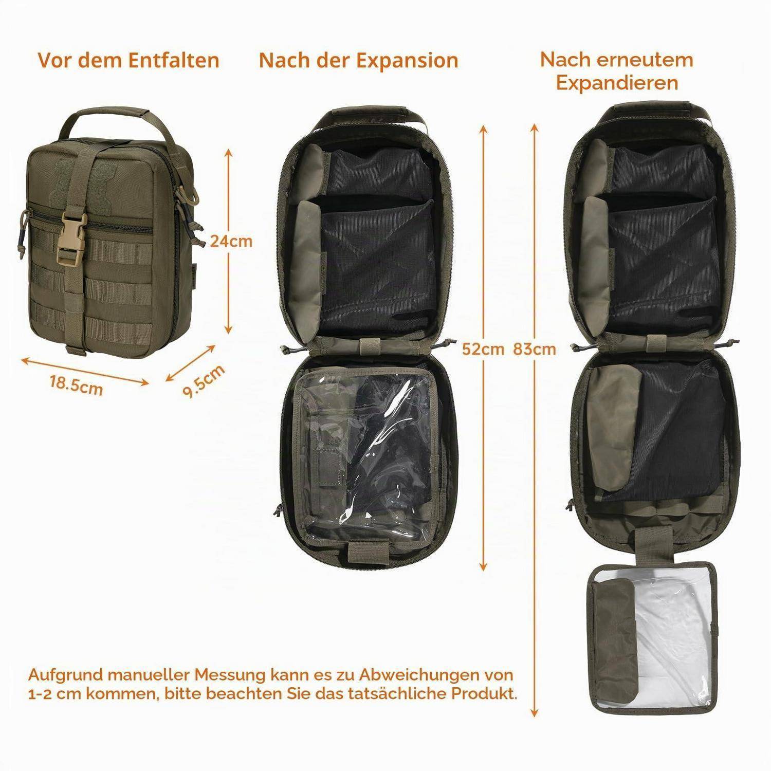 Produktdiagramm eines taktischen Rucksacks mit Abmessungen und Erweiterungsstufen: 24×18,5×9,5 cm vor dem Entfalten, 52 cm nach der Erweiterung, 83 cm bei erneuter Erweiterung.