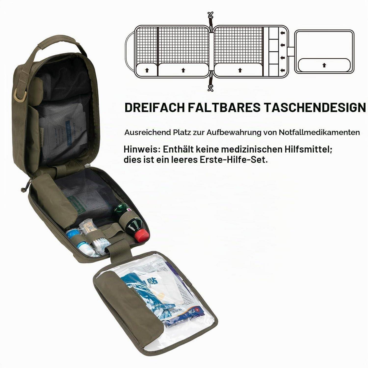 Dreiteiliger faltbarer Erste-Hilfe-Beutel, offen dargestellt mit leeren Fächern und einem Layoutdiagramm; deutscher Text vermerkt, dass Platz für Notfallmedikamente vorhanden ist und dass keine medizinischen Materialien enthalten sind.