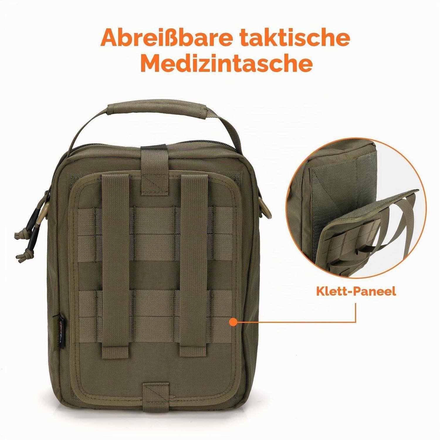 Olivgrüne taktische Sanitätstasche mit Griff und vorderem MOLLE-Paneelsystem; die Vergrößerung zeigt ein abnehmbares Klett-Panel mit der Beschriftung „Klett-Panel".