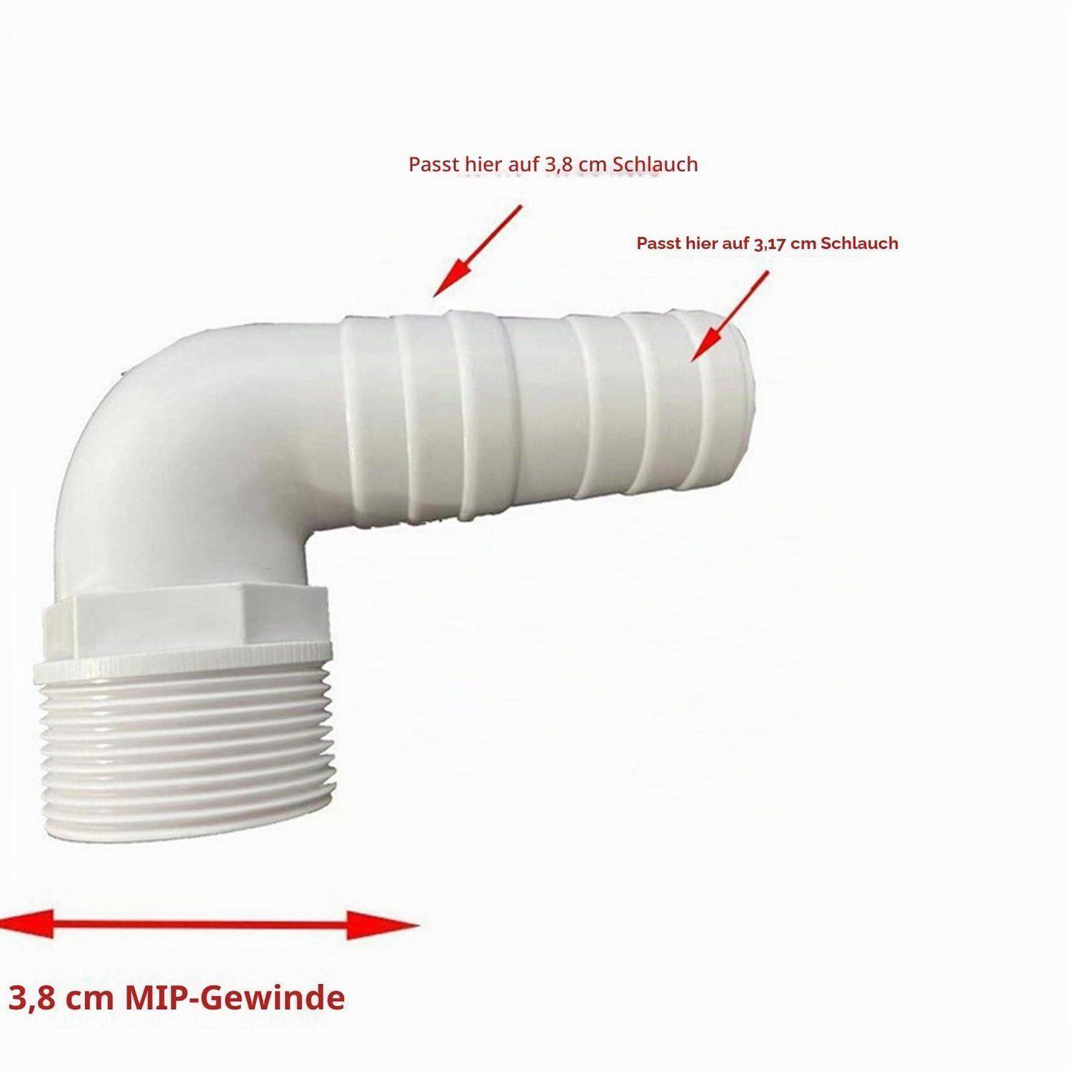 Weißes 90-Grad-Schlauchanschluss mit geripptem Ende und Gewindeschaft, auf Deutsch beschriftet für 3,8 cm und 3,17 cm Schlauchdurchmesser und 3,8 cm MIP-Gewinde.