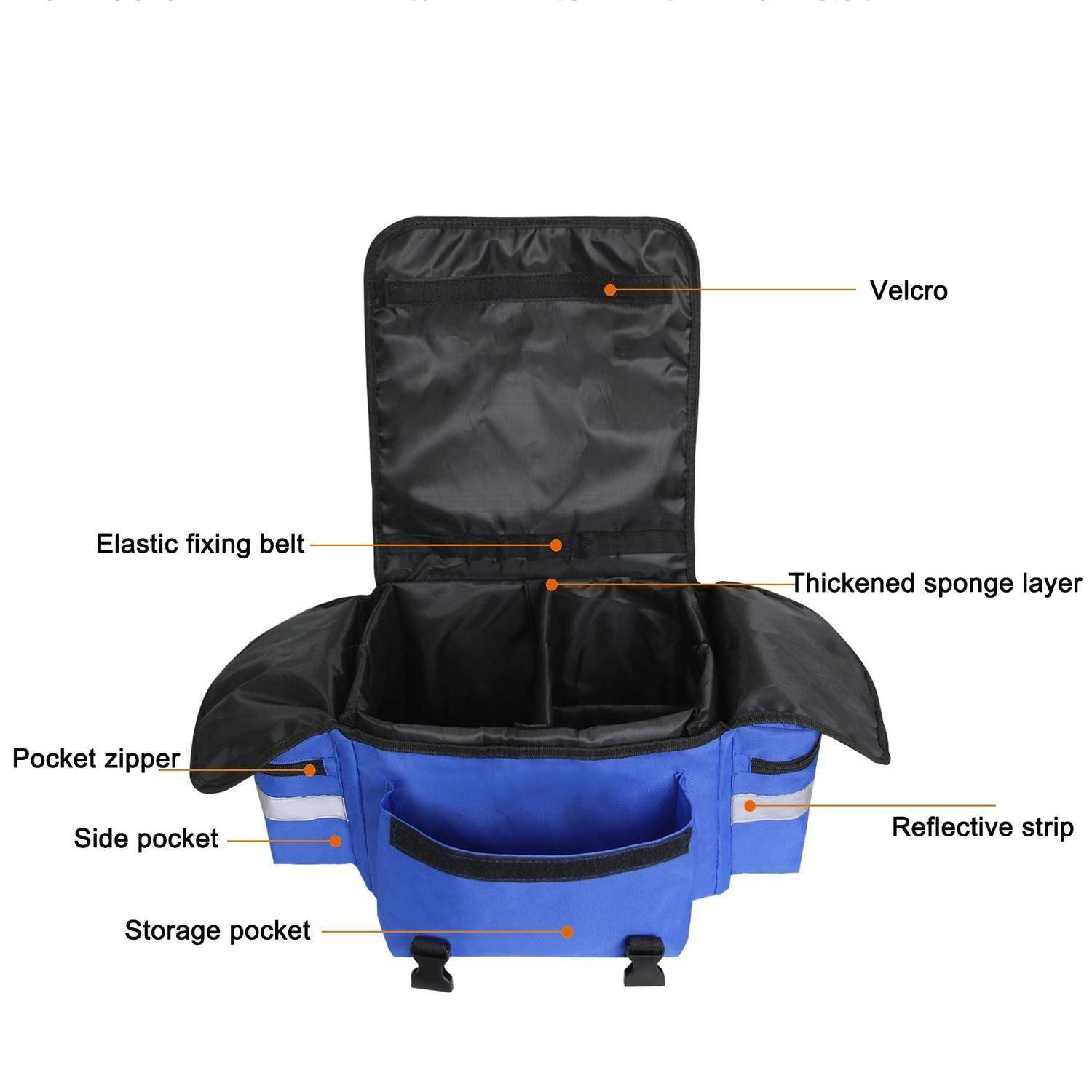 Beschriftetes Diagramm einer blau-schwarzen Aufbewahrungstasche mit Klettverschlussdeckel, elastischem Befestigungsgürtel, verdickter Schaumstoffschicht, Taschenverschluss, Seitentasche, Aufbewahrungstasche und Reflektorstreifen.