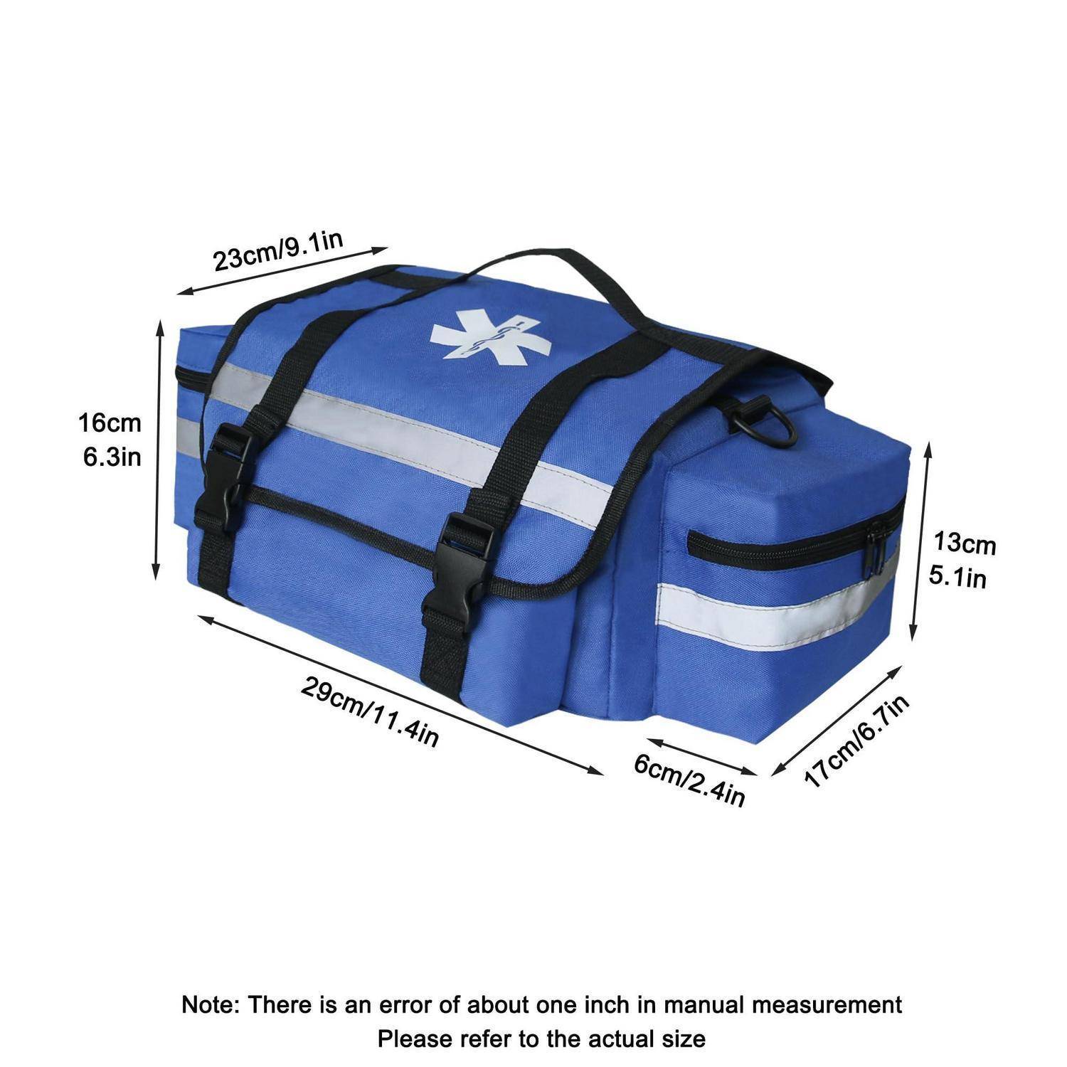 Blauer Notfallarzt-Rettungstasche mit reflektierenden Streifen und schwarzen Griffen, gezeigt mit Abmessungen von 29 cm Länge, 23 cm Breite, 16 cm Höhe und 17 cm Seitenteil.