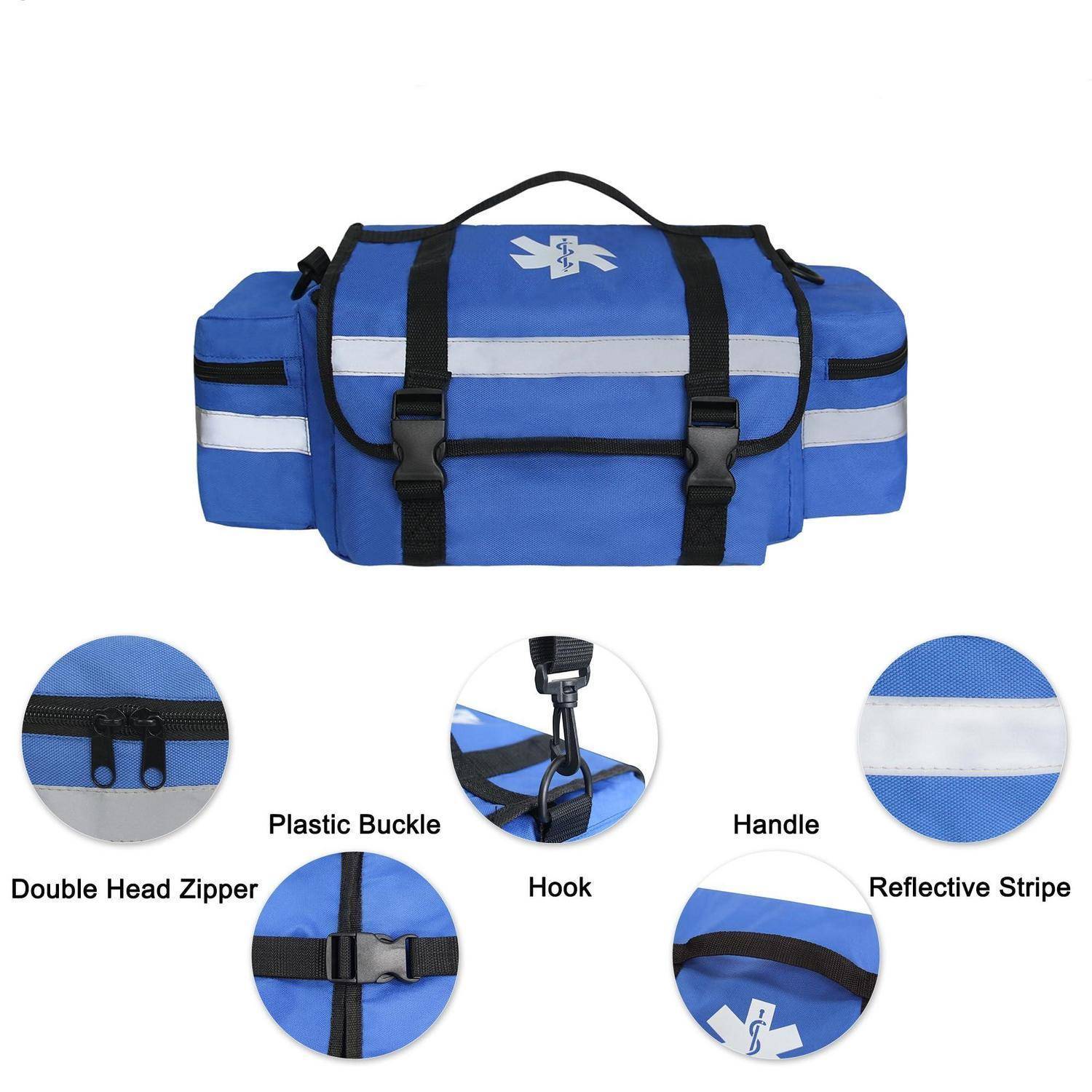 Blaue medizinische Notfalltasche mit schwarzen Riemen, Griff, reflektierenden Streifen und beschrifteten Detailausschnitten für Doppelreißverschluss, Kunststoffverschluss, Haken und reflektierenden Streifen.