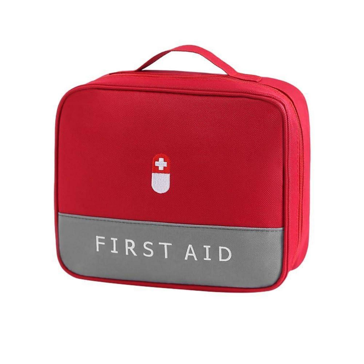 Rote Erste-Hilfe-Tasche mit weißem Kreuz-Symbol und der Aufschrift „FIRST AID