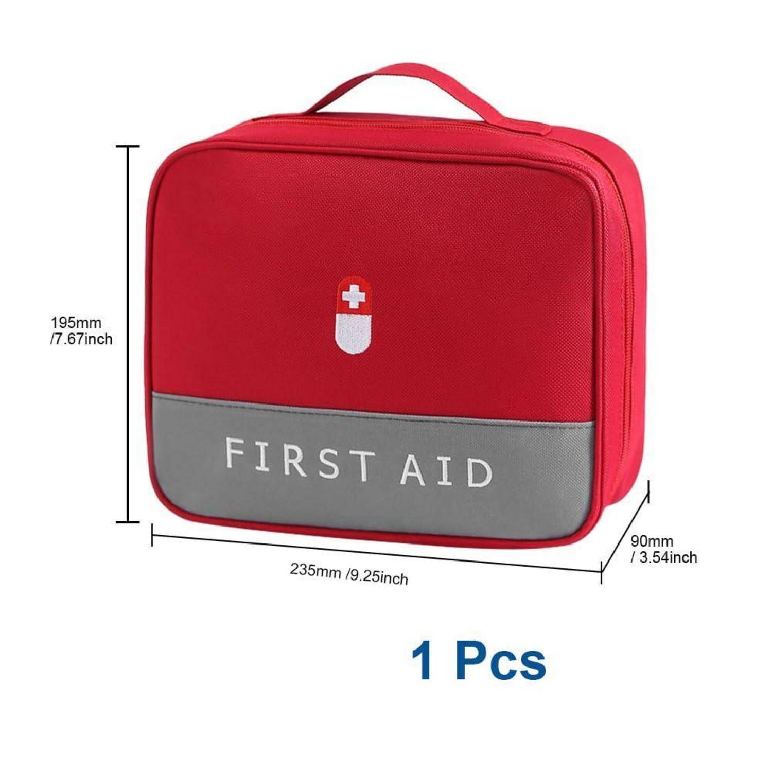 Rote Erste-Hilfe-Tasche mit Griff, weißes Medizinkreuz, Aufschrift „ERSTE HILFE" und Abmessungen 235 x 195 x 90 mm; dargestellt als 1 Stück.