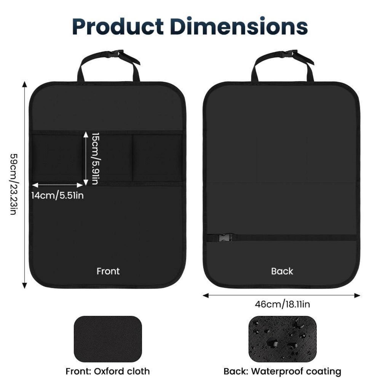 Produktmaßdiagramm einer schwarzen Tasche: 59 cm hoch, 46 cm breit, vordere Tasche 14 cm breit und 15 cm hoch; vorderes Oxford-Tuch, Rückseite mit wasserfester Beschichtung.