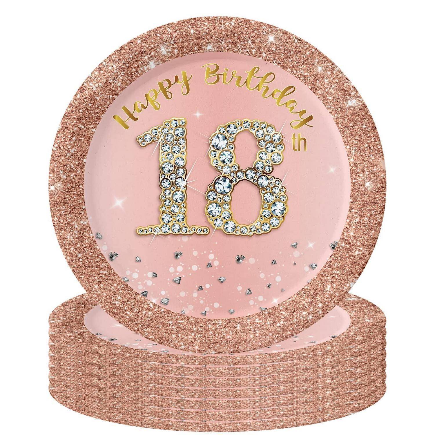 Rosa Glitter-Geburtstagsgesteck mit verzierter '18' und 'Happy Birthday'-Text, stehend auf passender Roségold-Basis.