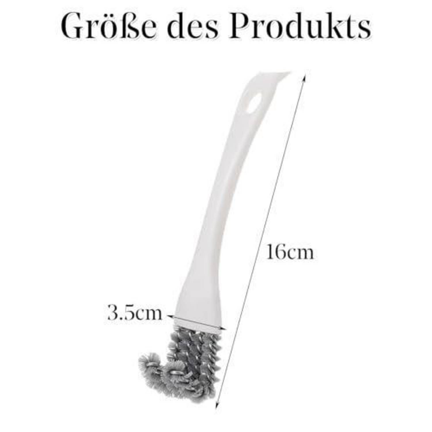 Produktgrößendiagramm mit einer Bürste mit weißem Griff, gekennzeichnet mit 16 cm Länge und 3,5 cm Breite.