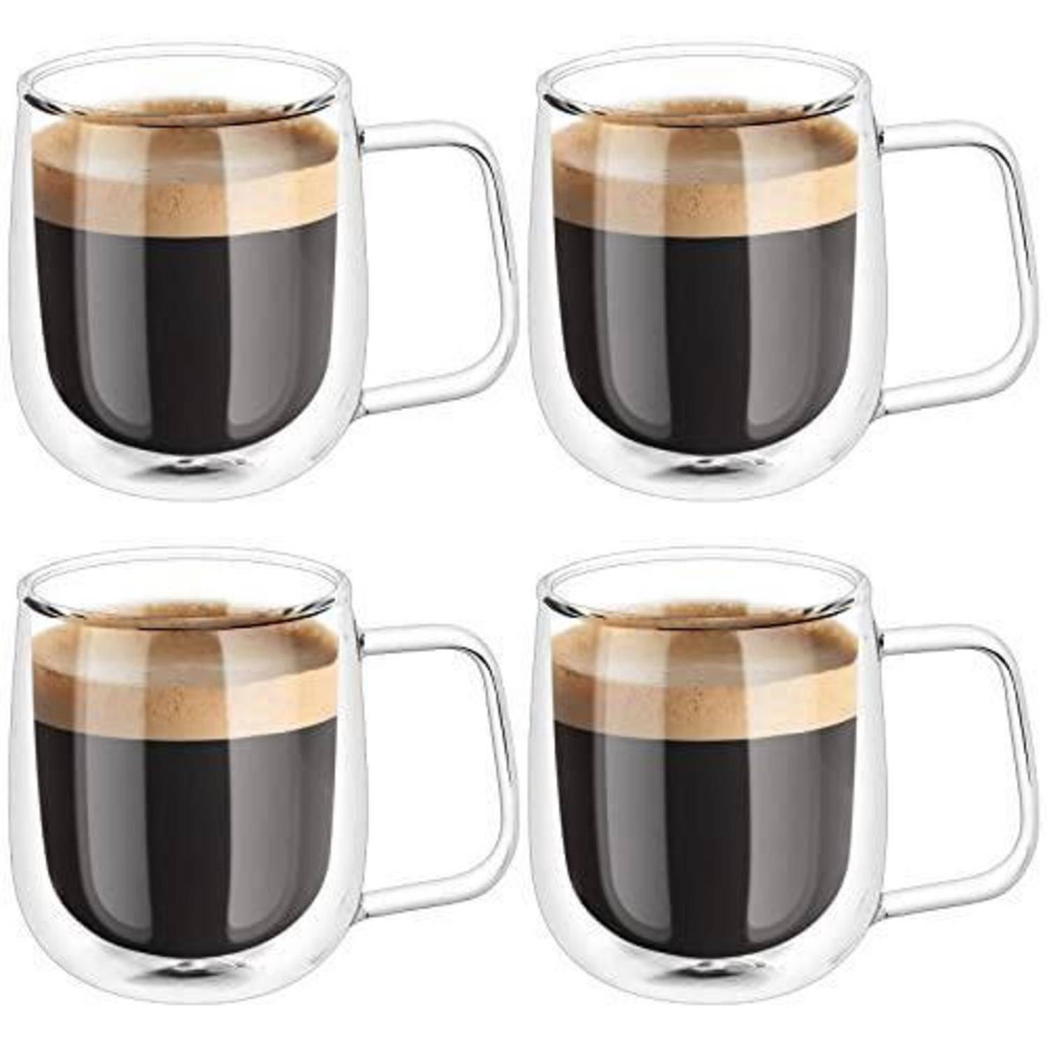 Vier klare doppelwandige Glaskaffeetassen gefüllt mit Espresso, angeordnet in einem 2x2-Raster auf weißem Hintergrund.