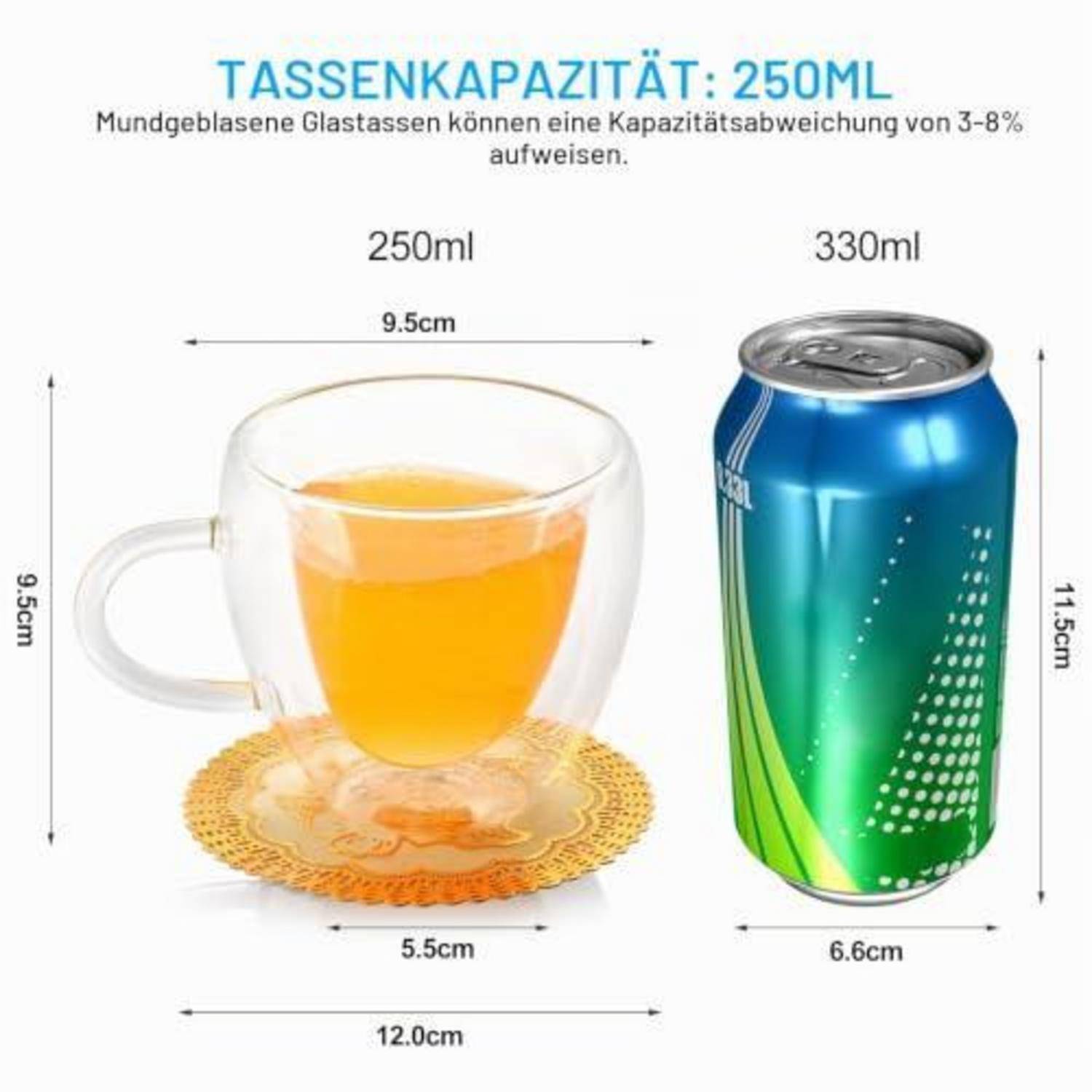 Größenvergleich-Grafik: Ein 250-ml-Glastasse mit Untertasse neben einer 330-ml-Limonadendose, mit Abmessungen in cm und deutschem Text, der angibt, dass die Glaskapazität um 3-8% variieren kann.