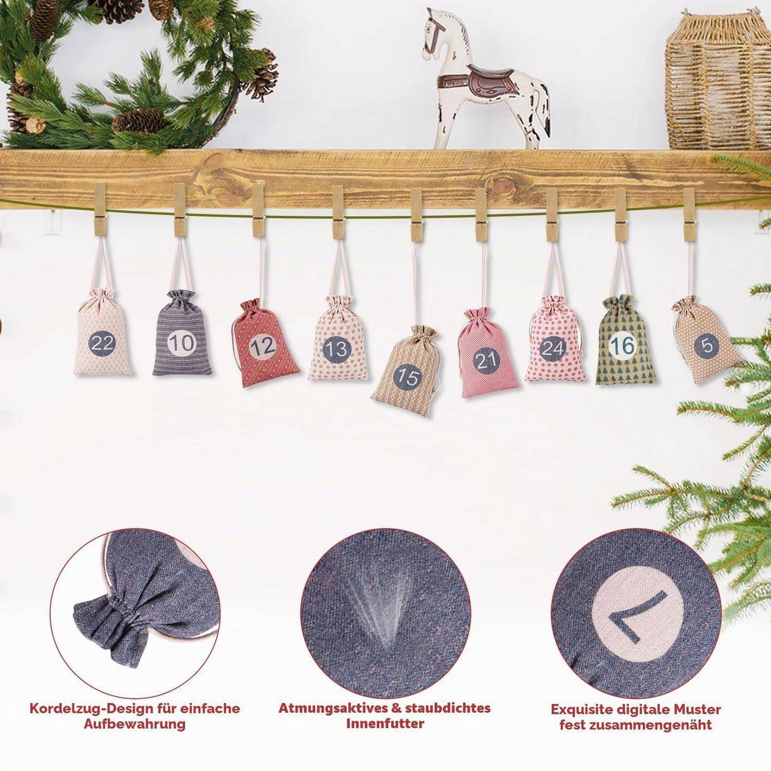 Adventskalender-Display mit neun nummerierten Stoffgeschenktaschen, die an einer Holzschiene hängen, sowie Nahaufnahmen des Kordelzugbeutel-Designs und der Materialeigenschaften.