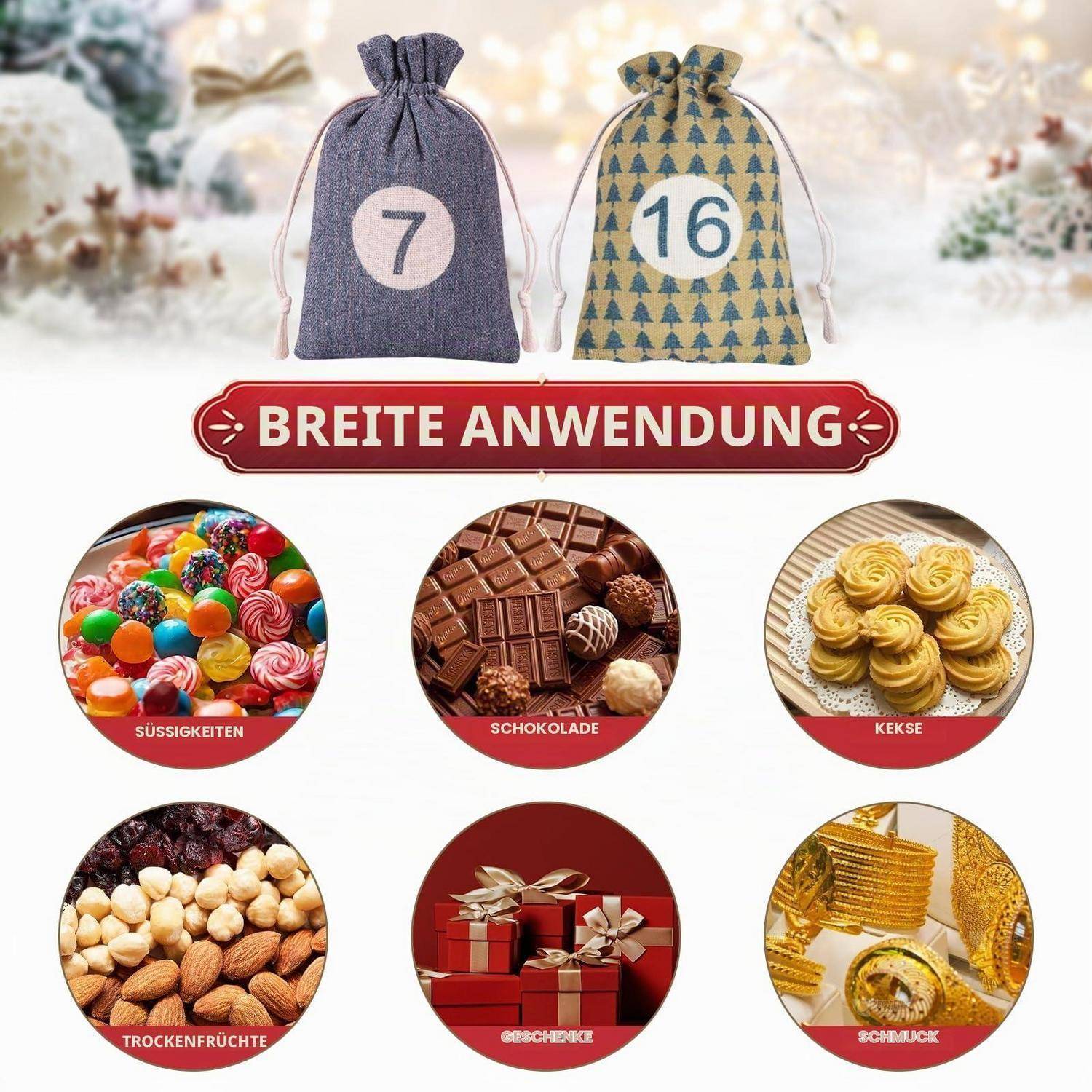 Adventskalender-Säcke mit den Nummern 7 und 16 über einem Banner mit der Aufschrift „BREITE ANWENDUNG", mit kreisförmigen Beispielen für Süßigkeiten, Schokolade, Kekse, Trockenfrüchte, Geschenke und Schmuck.