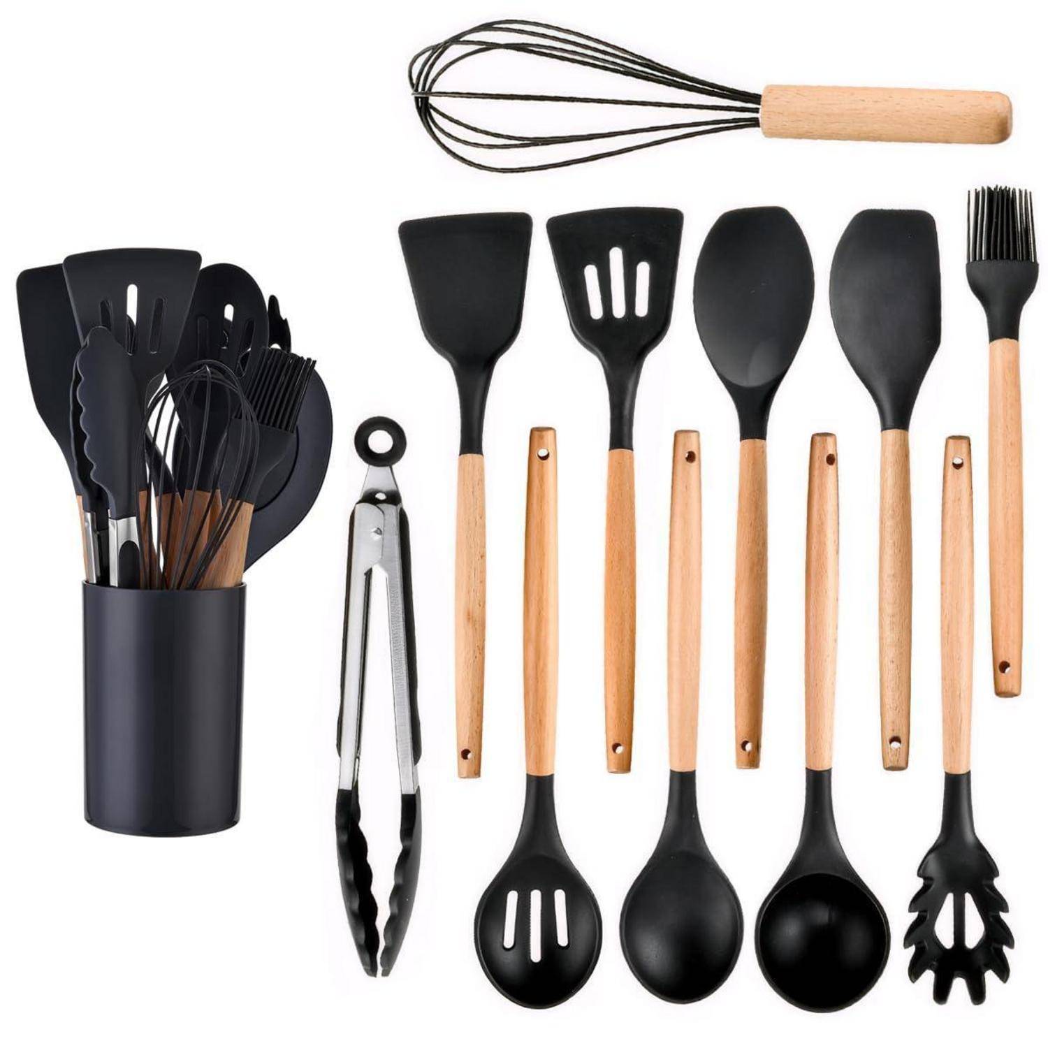 Küchengeräteset mit schwarzen Silikongeräten und Werkzeugen mit Holzgriffen, bestehend aus Spateln, Löffel, Schneebesen, Zange und einem Aufbewahrungsbehälter.