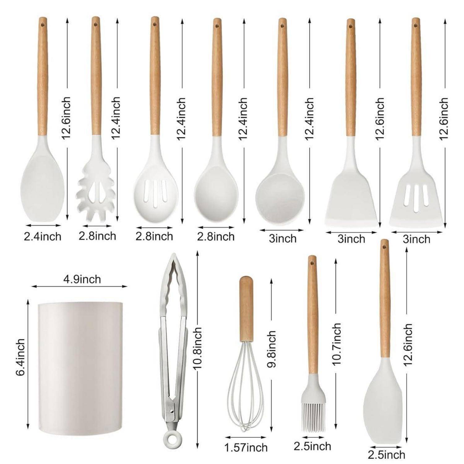 Küchenbesteck-Set mit beschrifteten Messwerten, zeigt neun Holzgriff-Silikon- und Metallkochgeräte plus einen Besteckhalter, jeweils mit Größendimensionen.