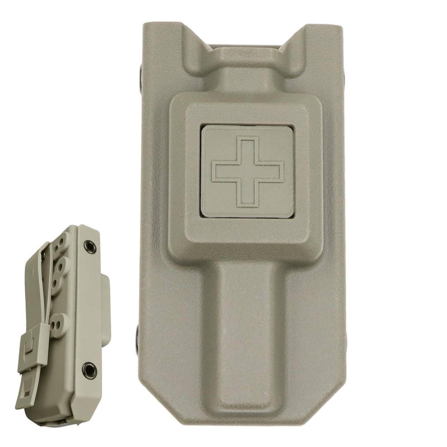 Beige taktisches Holster-Zubehör mit frontalem Kreuzemblem, von vorne und von der Seite auf weißem Hintergrund gezeigt.